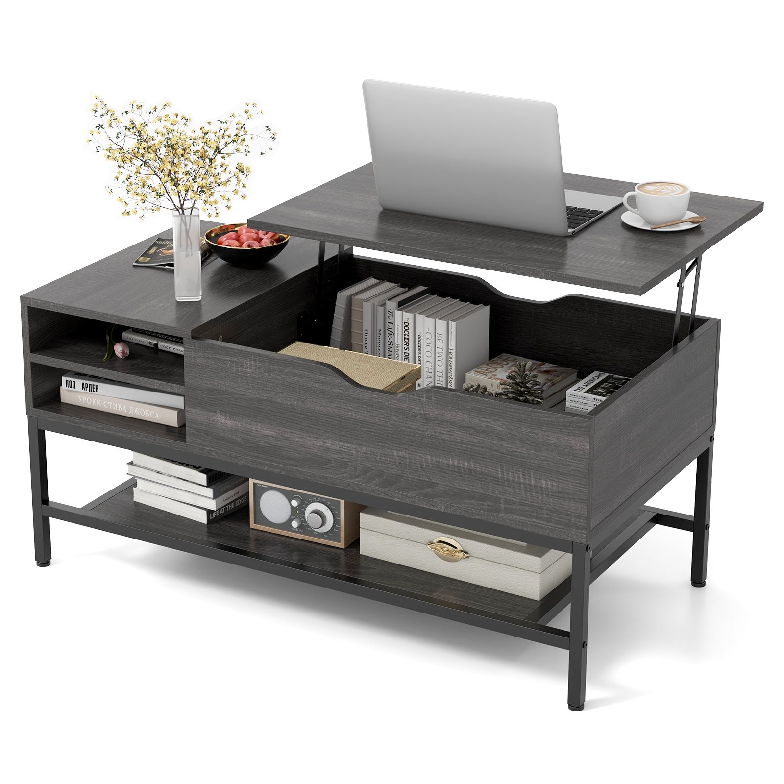 Coffee Table - Lift Top Coffee Table with Hidden Compartment and Removable Shelf-Grey - Savings Store