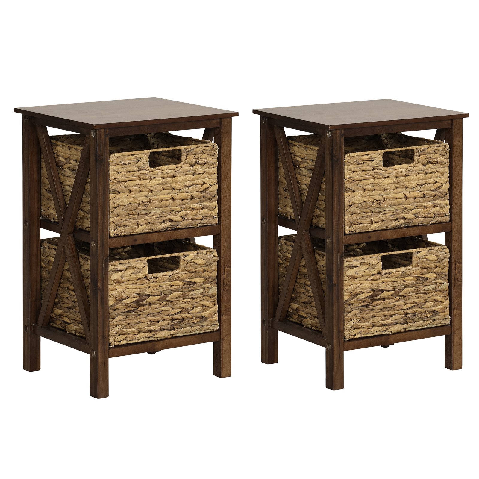 ELDRITH Set of 2 Nightstands Drawer Sofa Side Table with Seagrass Baskets-Walnut-2-Tier - Savings Store