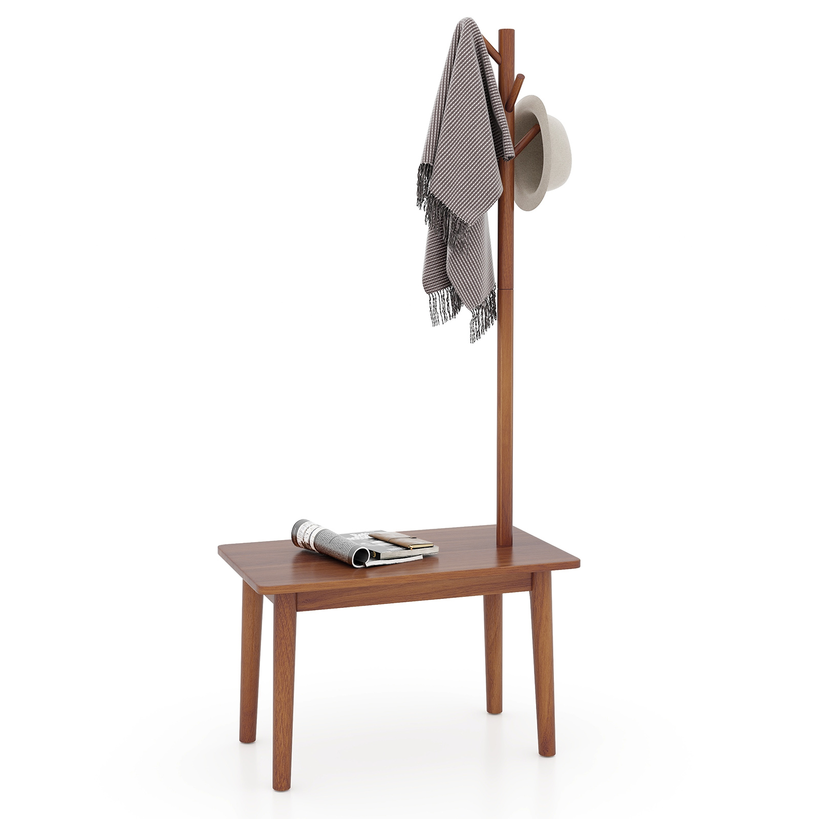 Solid Wood Coat Tree with 2-in-1 Side Table and 3 Hooks for Hats Bags Coats-Coffee - Savings Store
