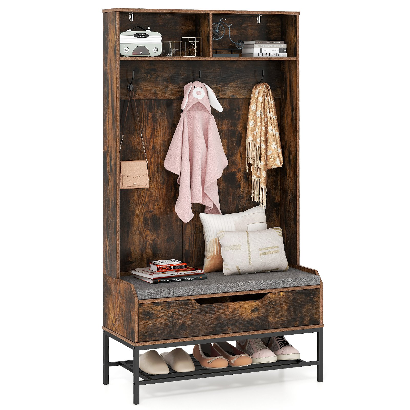 Coat Rack - 4-in-1 Coat Rack with Seat Cushion and Open Compartments-Rustic Brown - Savings Store