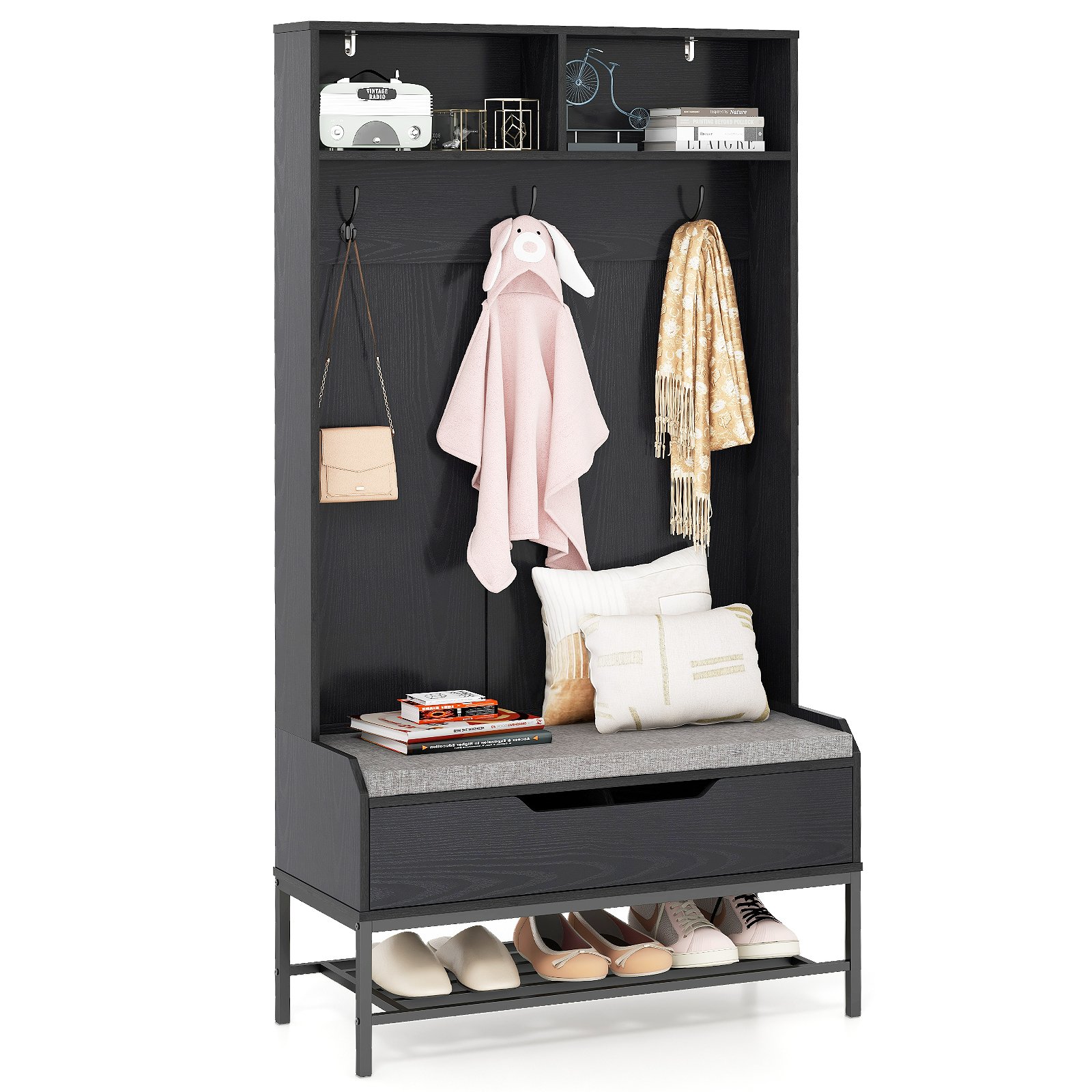 Coat Rack - 4-in-1 Coat Rack with Seat Cushion and Open Compartments-Black - Savings Store