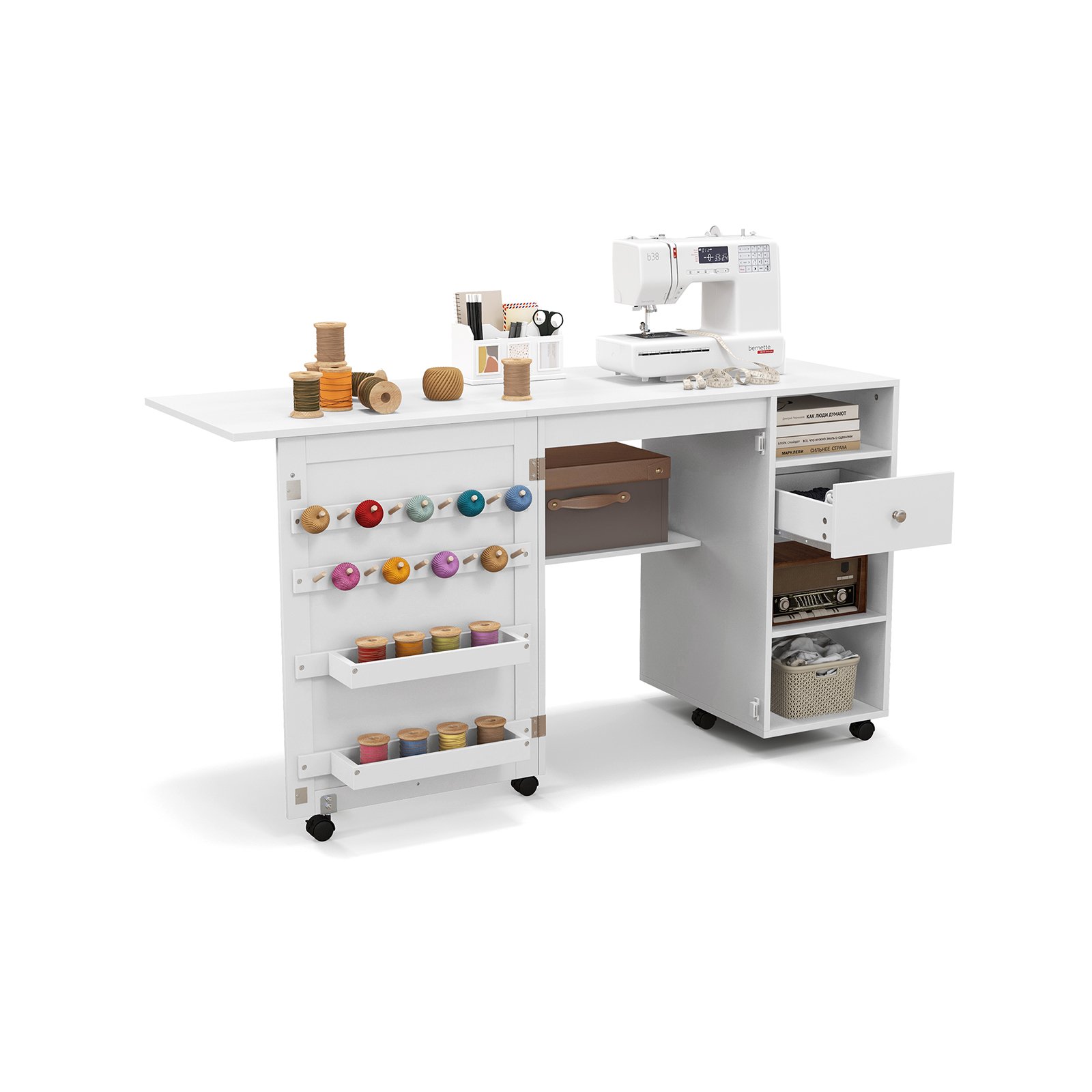 Multipurpose Table - Folding Sewing Table with Storage Shelves and Trays-White - Savings Store