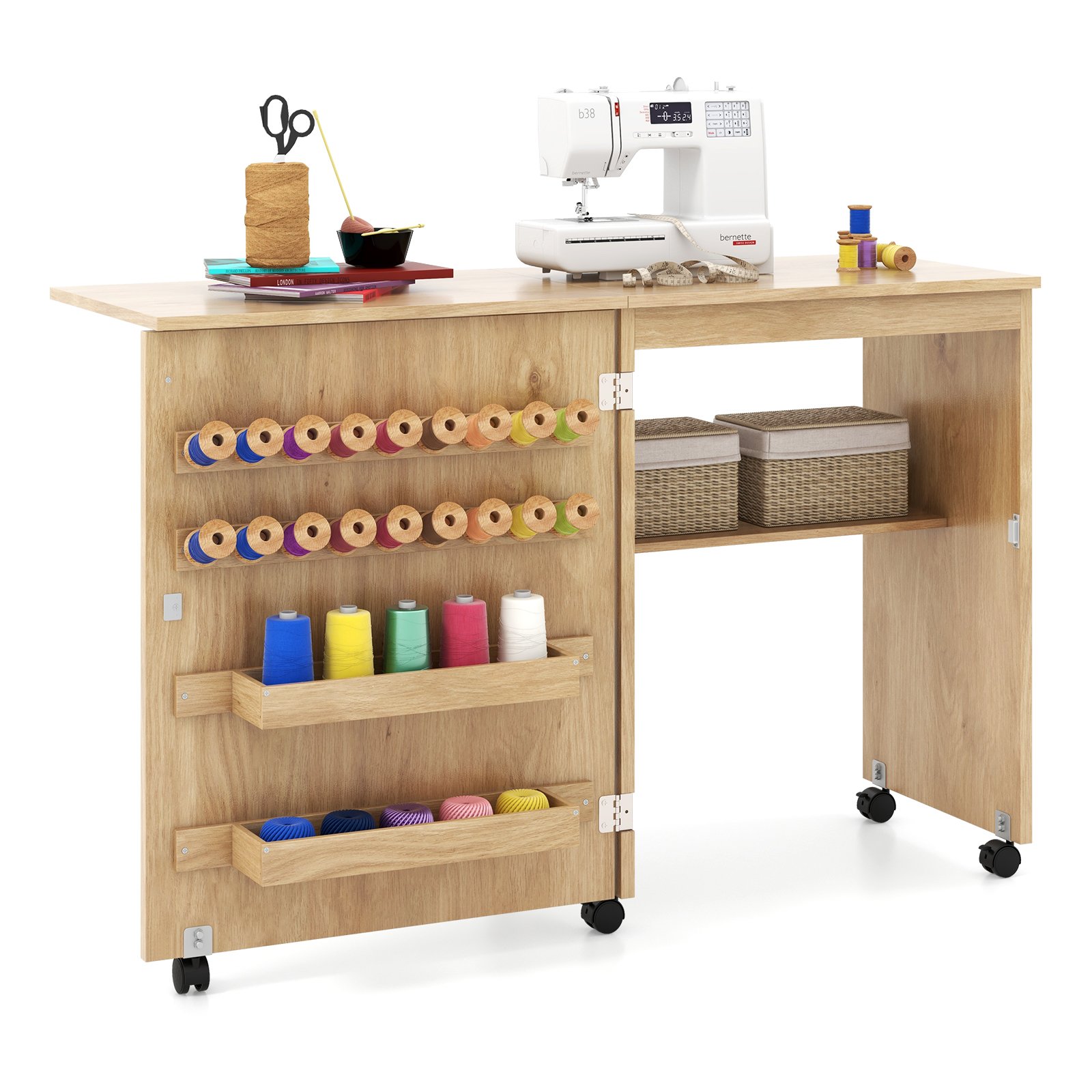 Multipurpose Table - Folding Sewing Table with Storage Shelf and 5 Lockable Wheels-Natural - Savings Store
