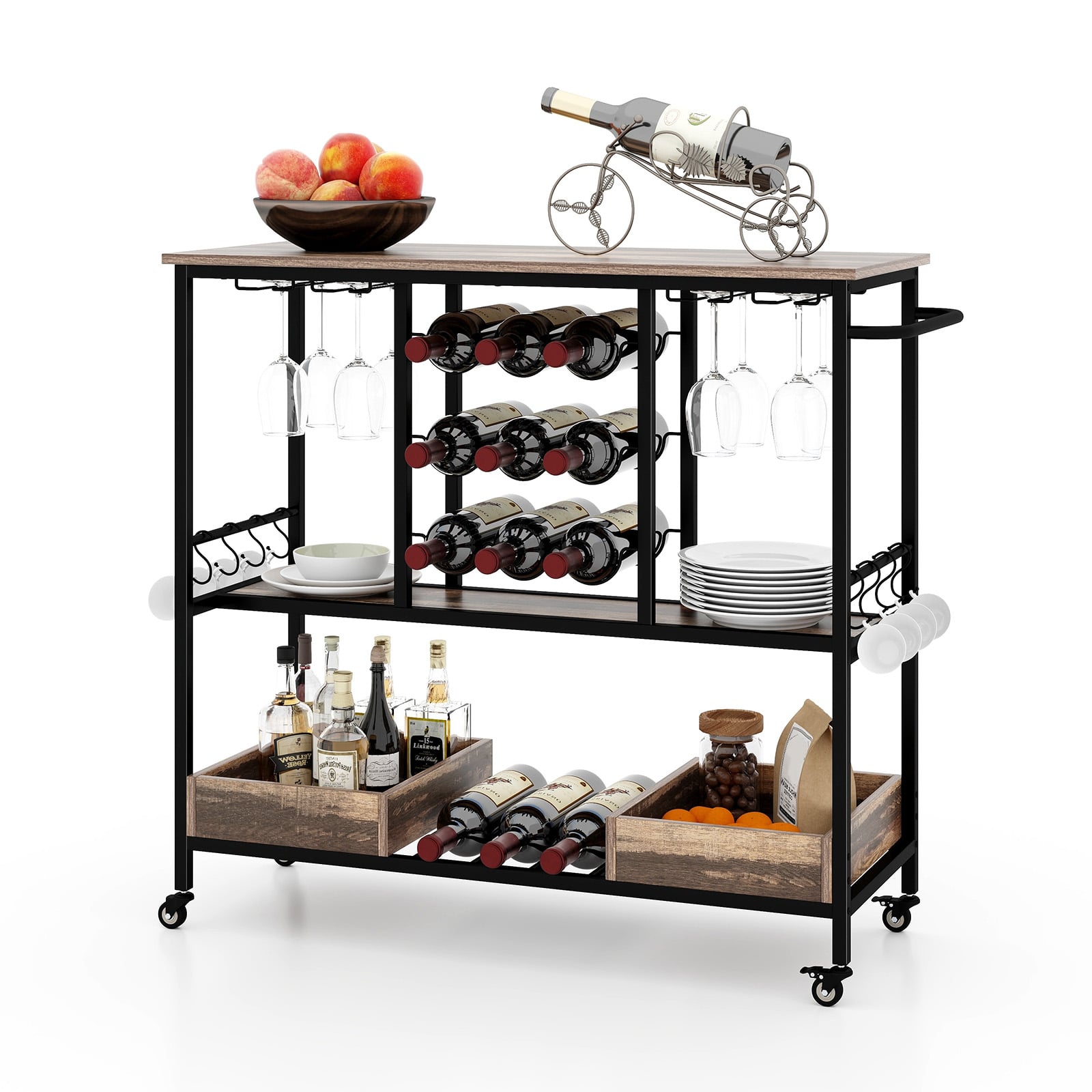 ELDWICKOR Bar Cart with 3 Tiers and Glass Racks-Brown - Savings Store