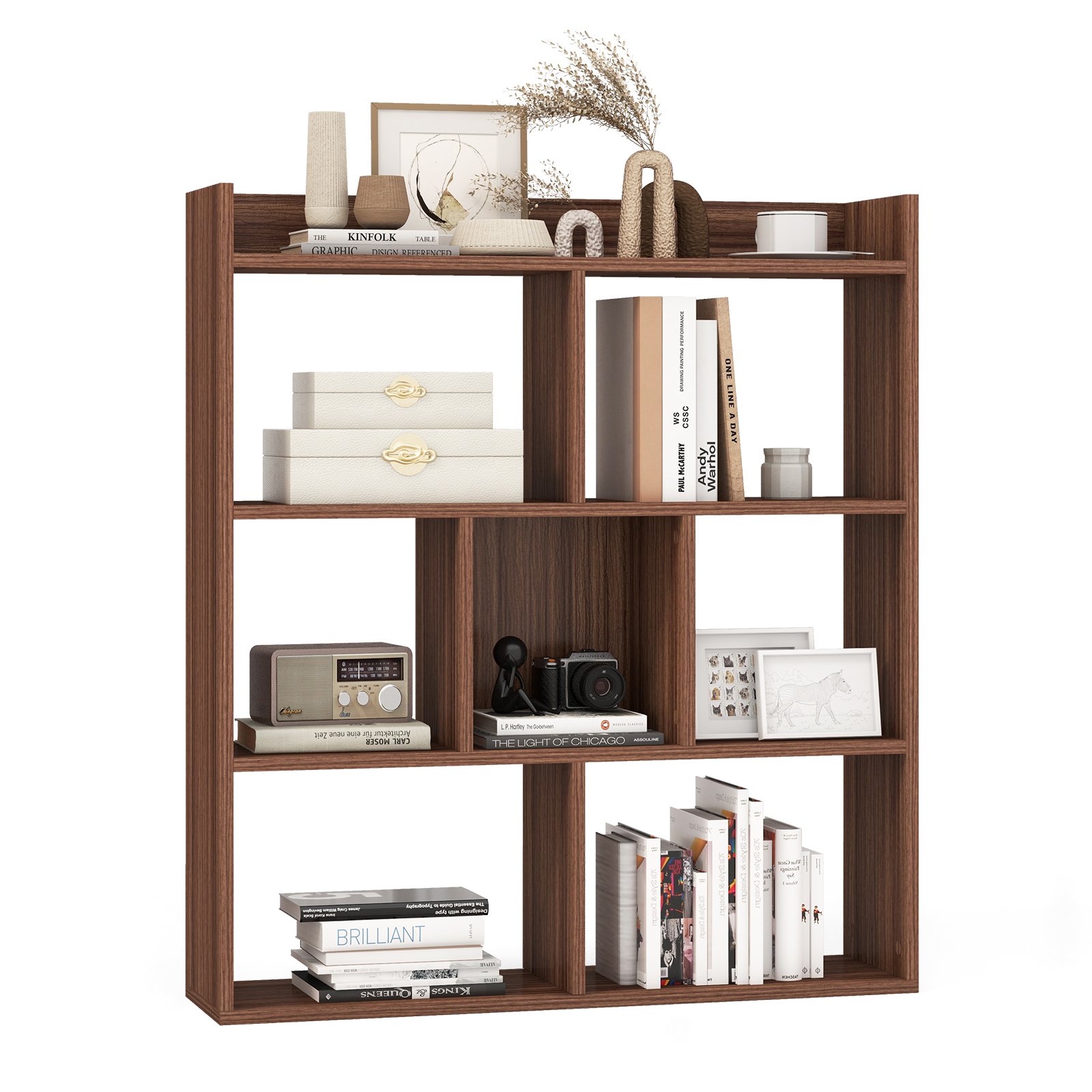 RIVIVI 7 Cubes Open-back Bookshelf Home Storage Display Shelf-Walnut - Savings Store