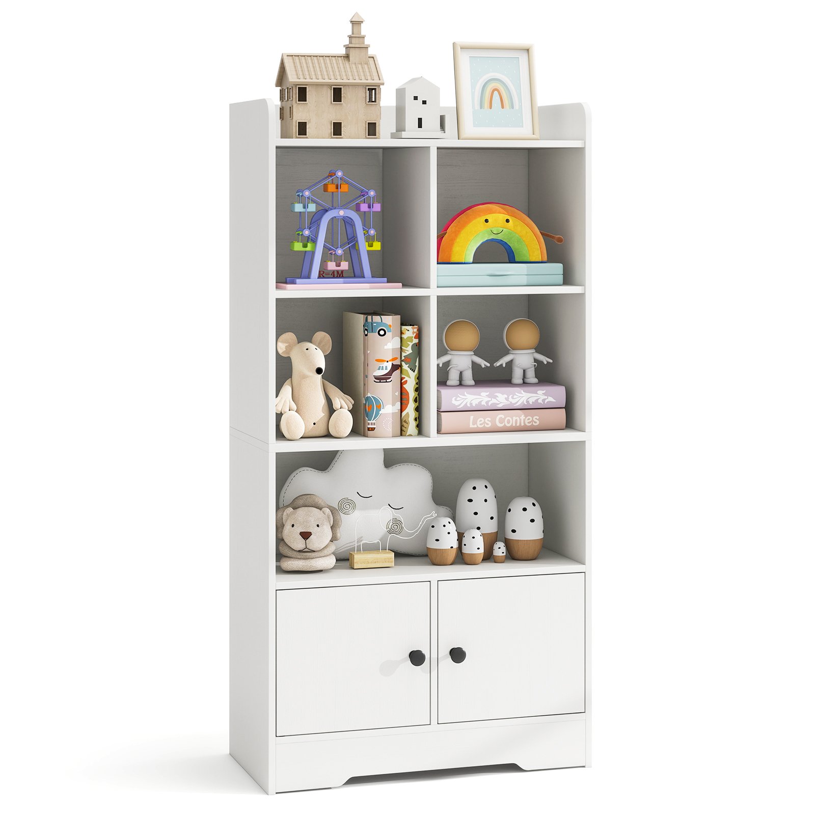 Freestanding Bookcase with 2 Storage Cabinets and 5 Cubbies-White - Savings Store