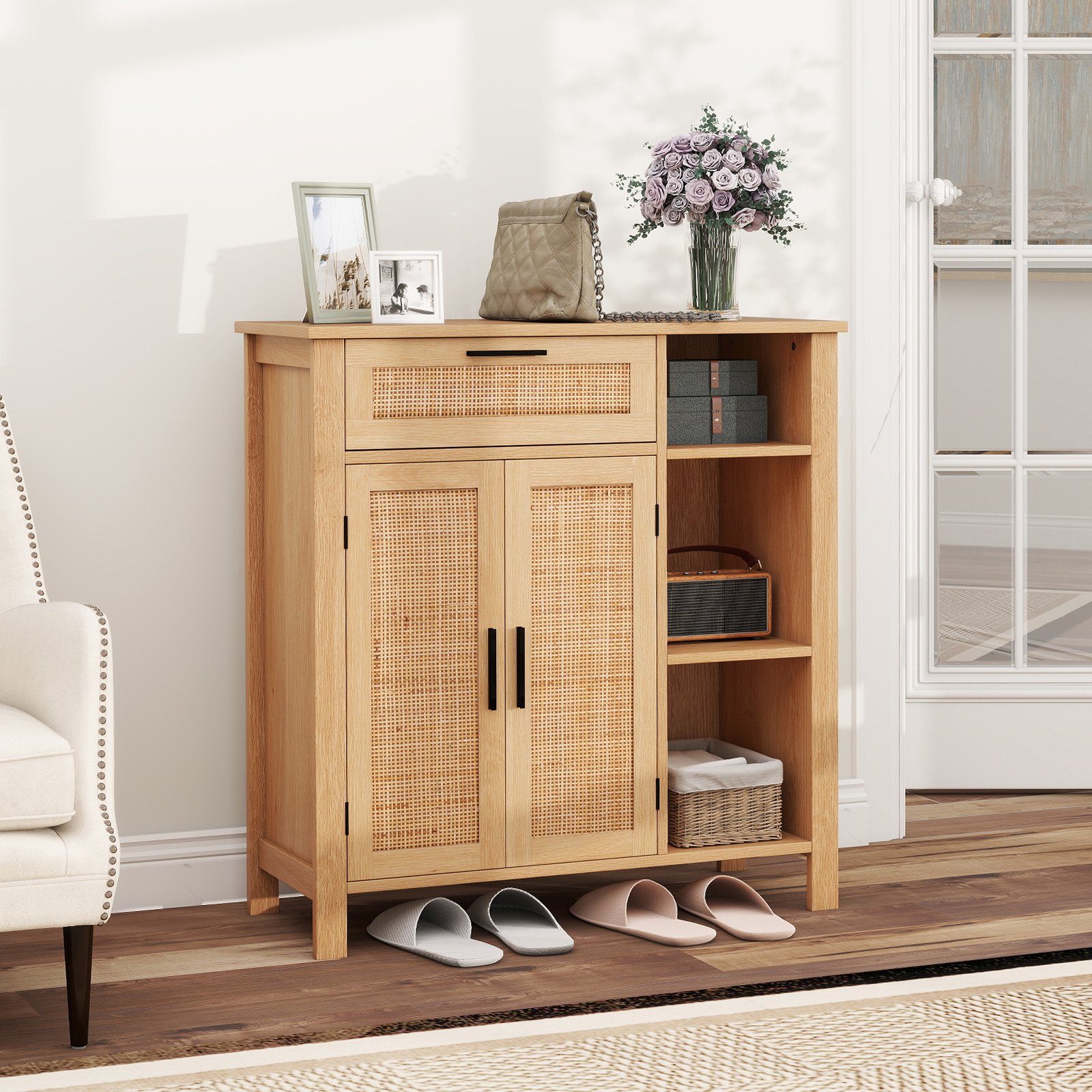 Buffet Sideboard with Rattan Woven Doors and Adjustable Shelf-Natural - Savings Store