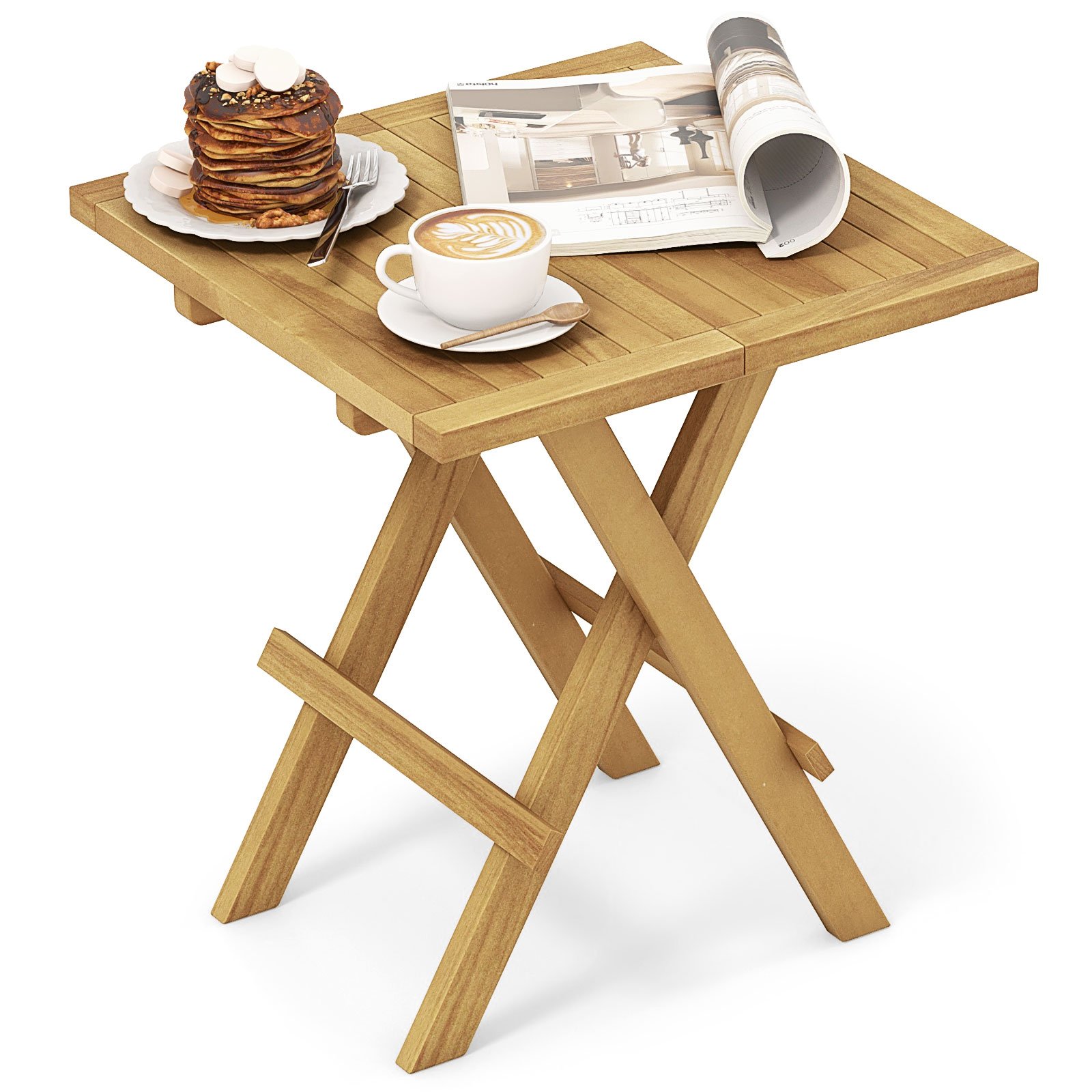Patio Folding Teak Wood Square Coffee Table with X-shaped Legs - Savings Store