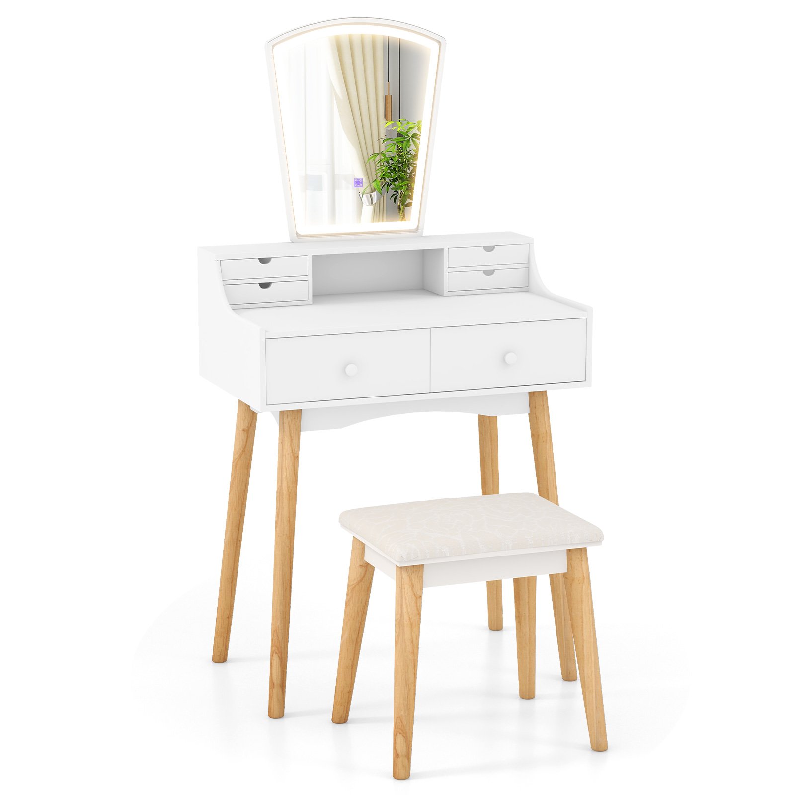 Dressing Table and Chair Set with 3 Lighting Modes and Natural Pine Wood Legs-White - Savings Store