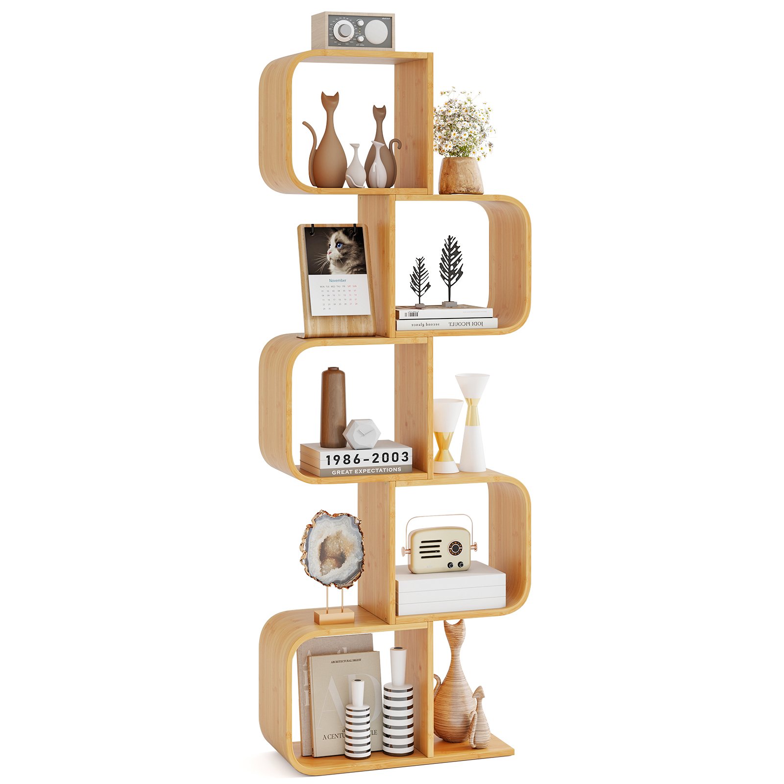 COLYIV 2/3/4/5-Tier S-Shaped Bookcase Bamboo Bookshelf with Open Cubes-5-Tier - Savings Store