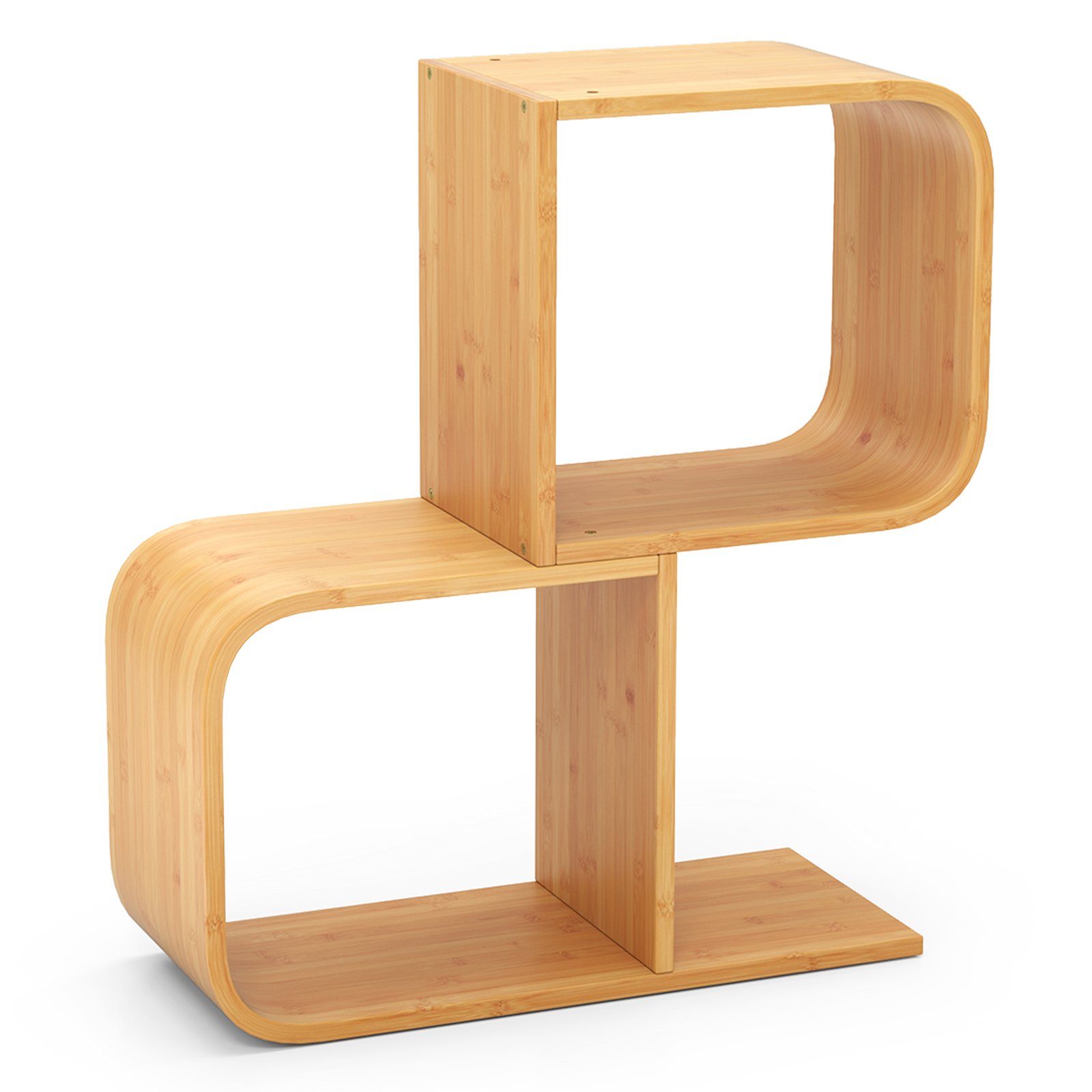 COLYIV S-Shaped Bookcase Bamboo Bookshelf with 2 Open Cubes-2-Tier - Savings Store