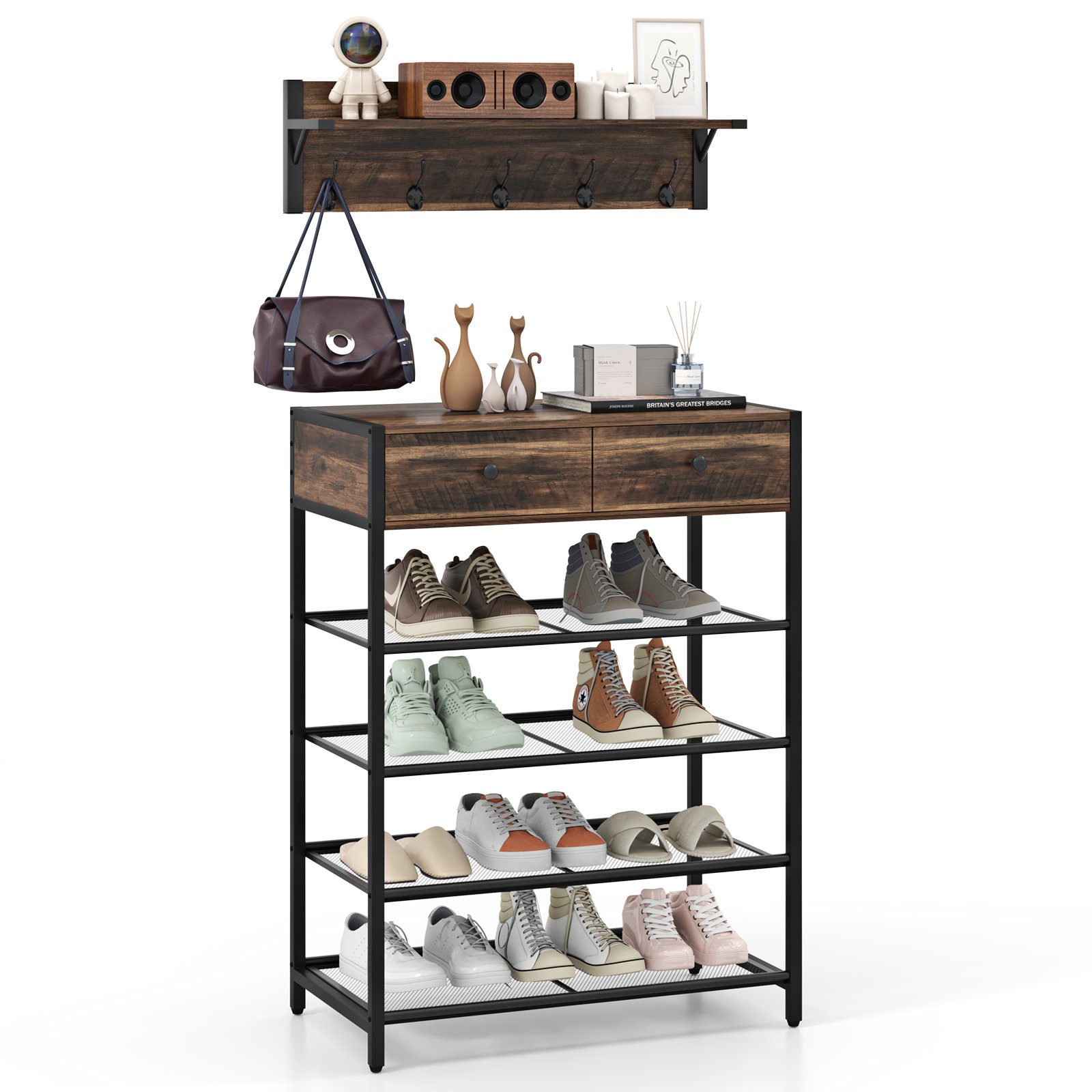 Coat Rack Shoe Stand Set with Wall-Mounted Coat Rack and Drawers-Brown - Savings Store