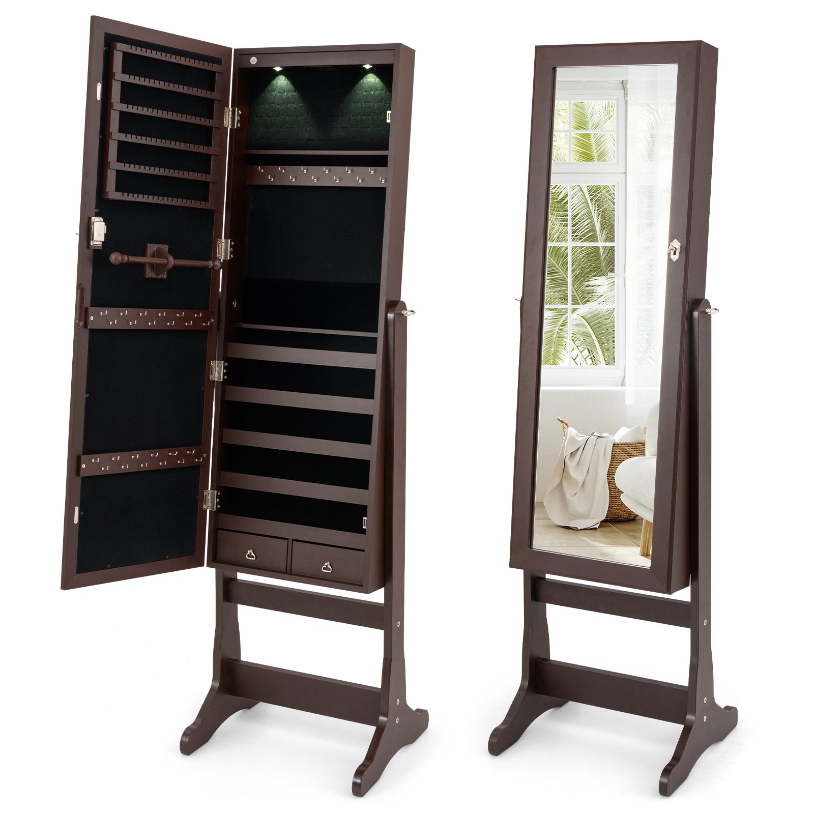 ELAR Freestanding Jewelry Armoire Cabinet with Inner LED Lights and 4 Adjustable Tilt Angles-Brown - Savings Store