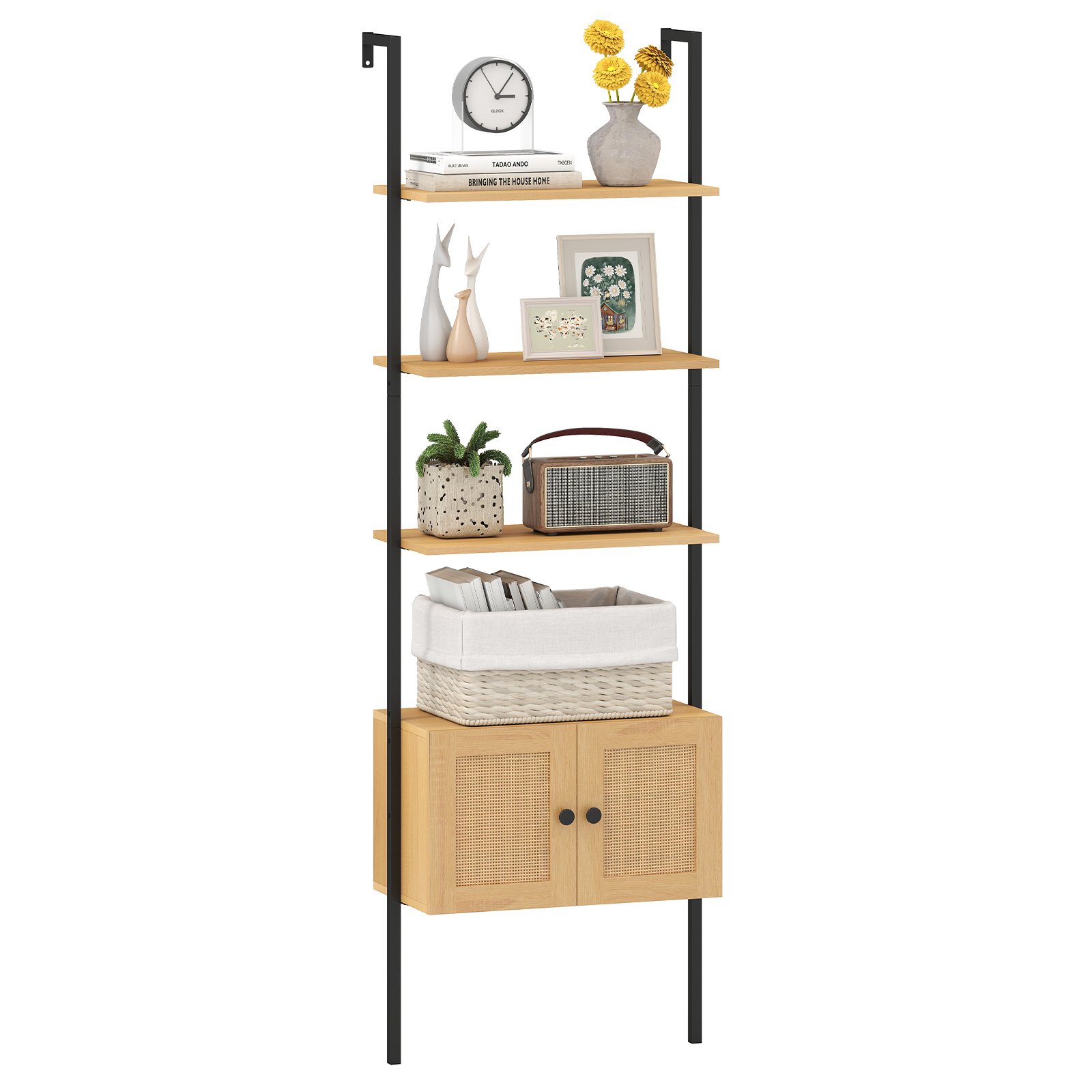 5-Tier Wall-Mounted Ladder Bookcase with Rattan Cabinet and Metal Frame-Natural - Savings Store