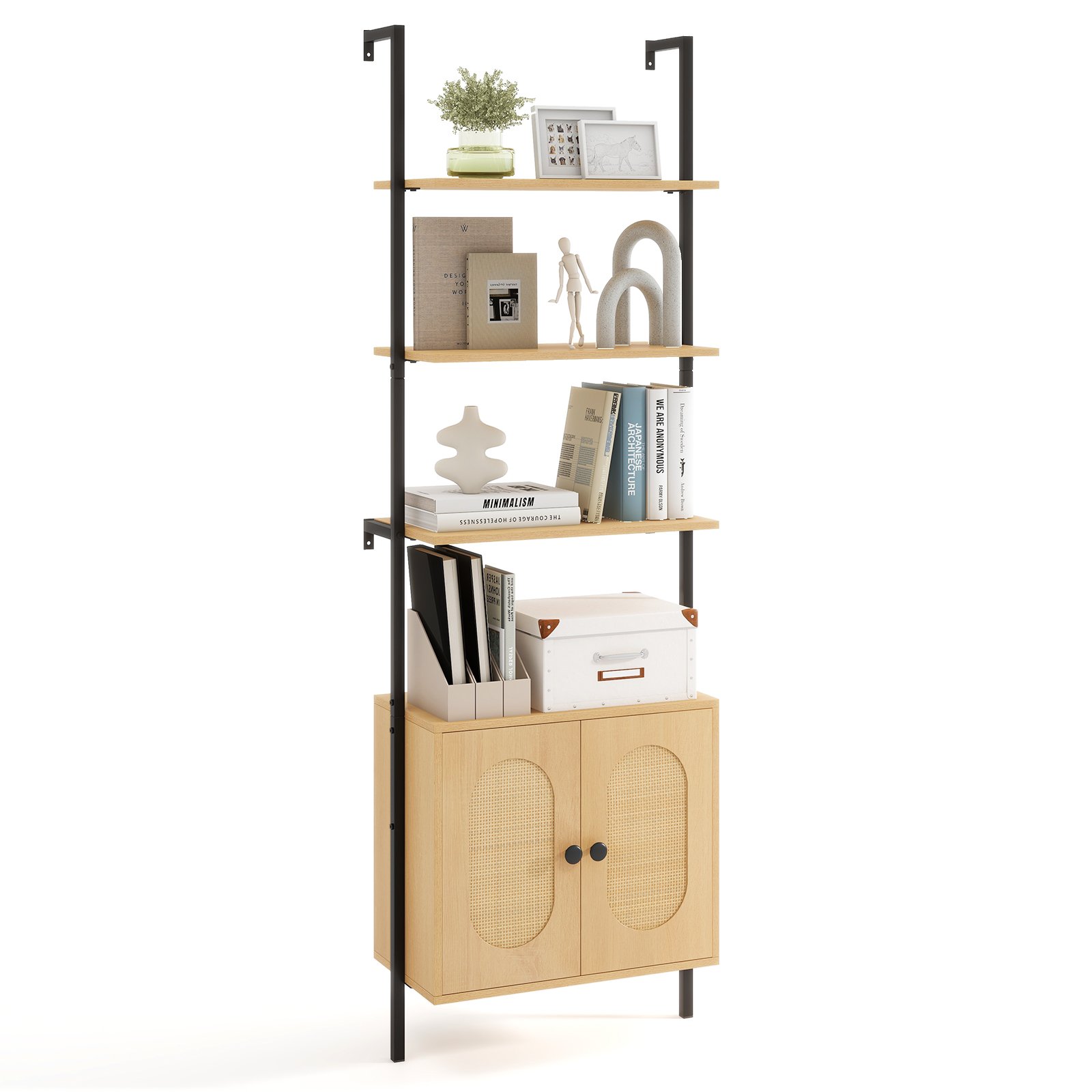 Bookcase with Rattan Cabinet and Adjustable Shelf-Natural - Savings Store