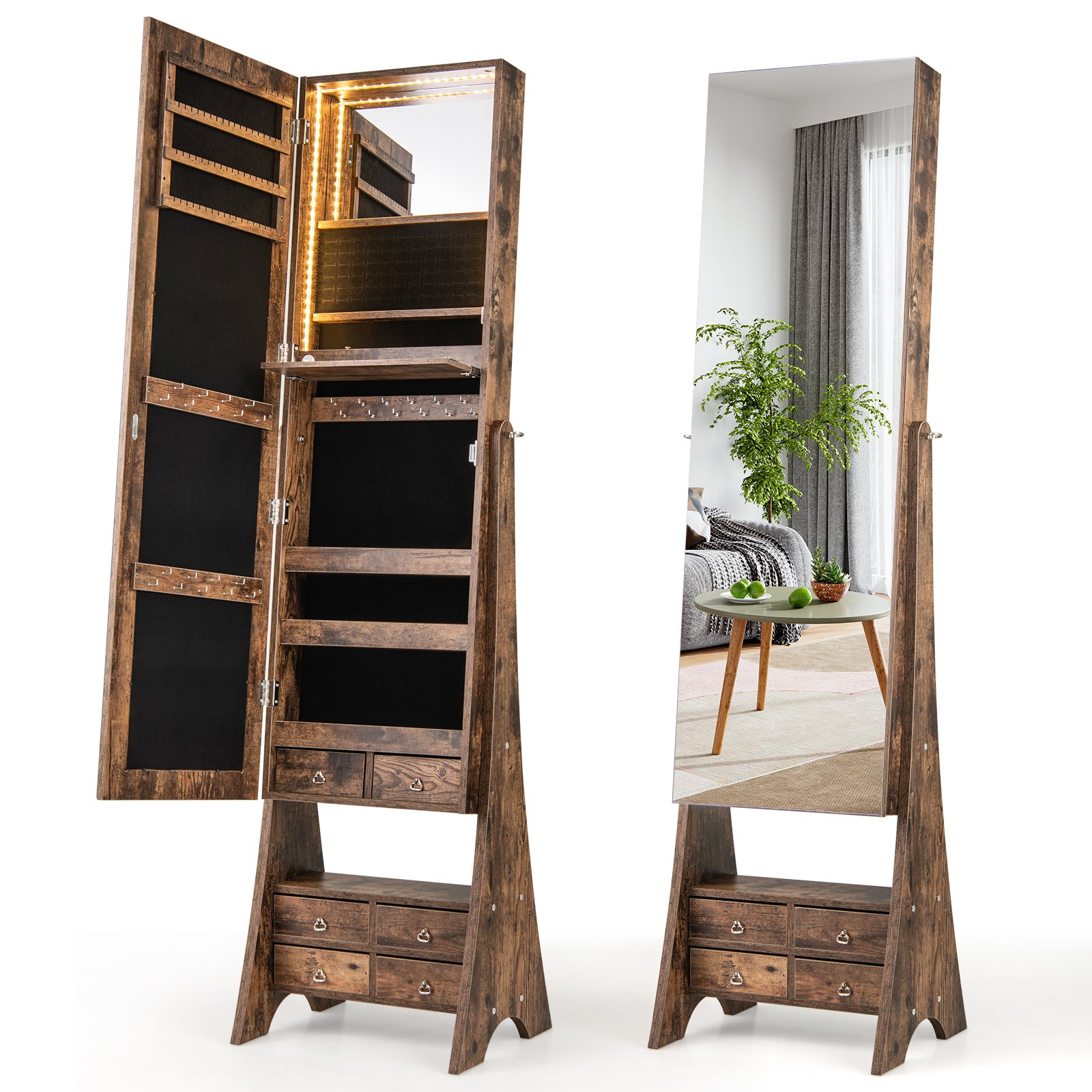 IVZE 3-Color LED Lighted Jewelry Cabinet with Full-Length Mirror and Adjustable Tilt Angles-Rustic Brown - Savings Store