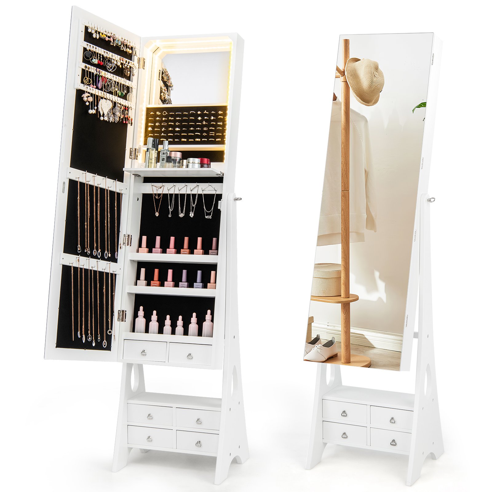 IVZE 3-Color LED Lighted Jewelry Cabinet with Full-Length Mirror and Adjustable Tilt Angles-White - Savings Store