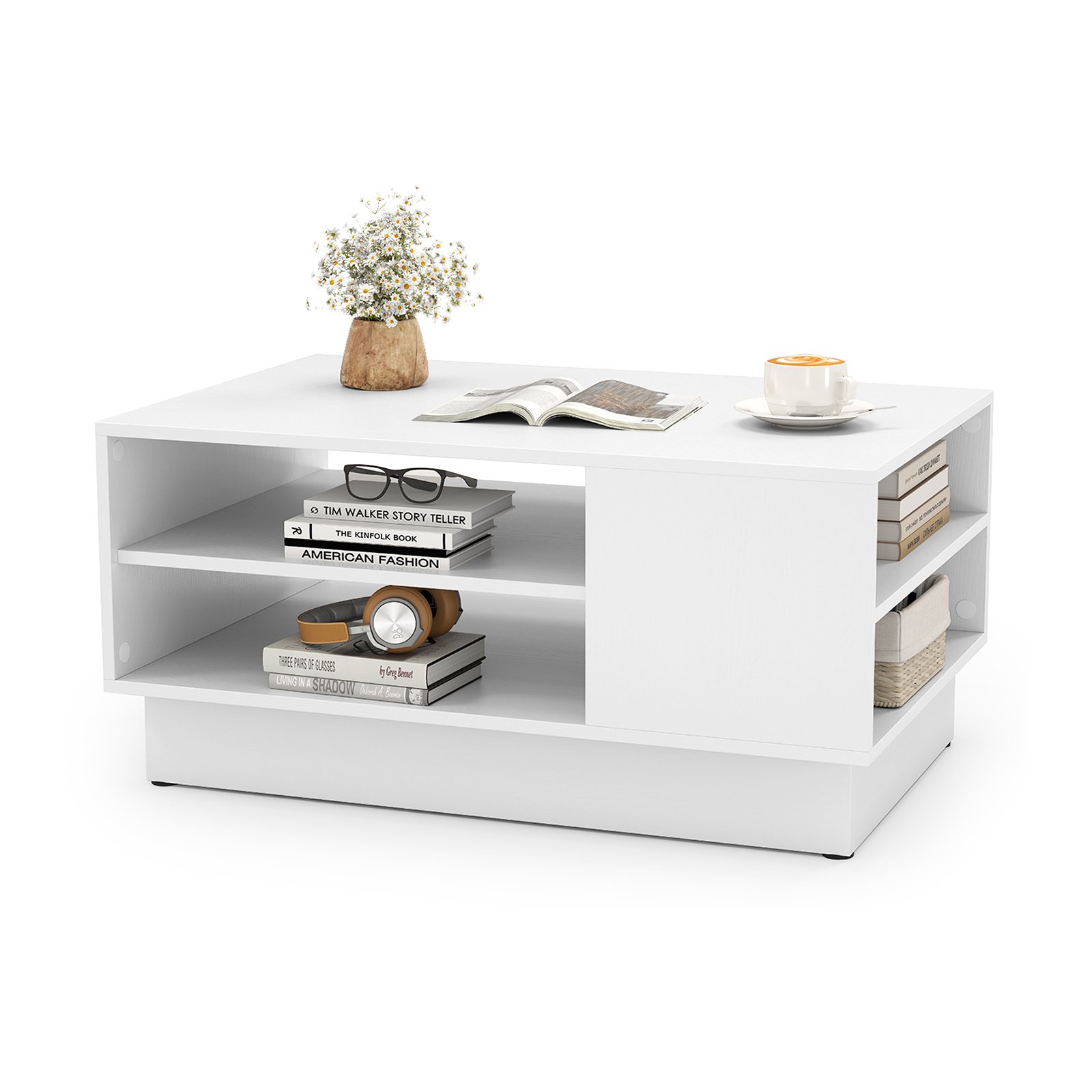 CAEN Modern Rectangle Coffee Table with 2-Tier Open Storage Shelves-White - Savings Store