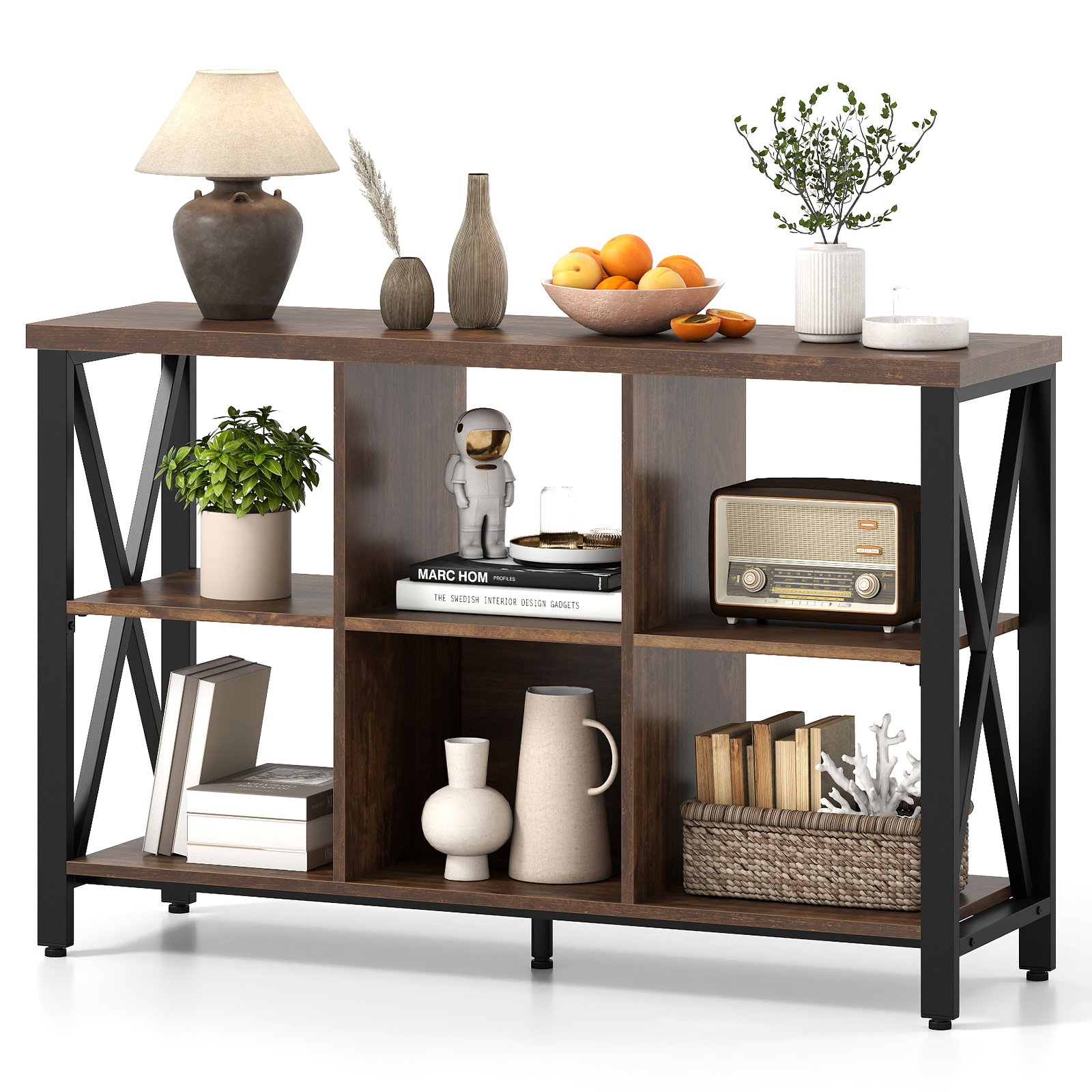 ERVANTON 6-Cube Storage Organizer 120CM Wide Bookshelf with Open Compartments-Rustic Brown - Savings Store