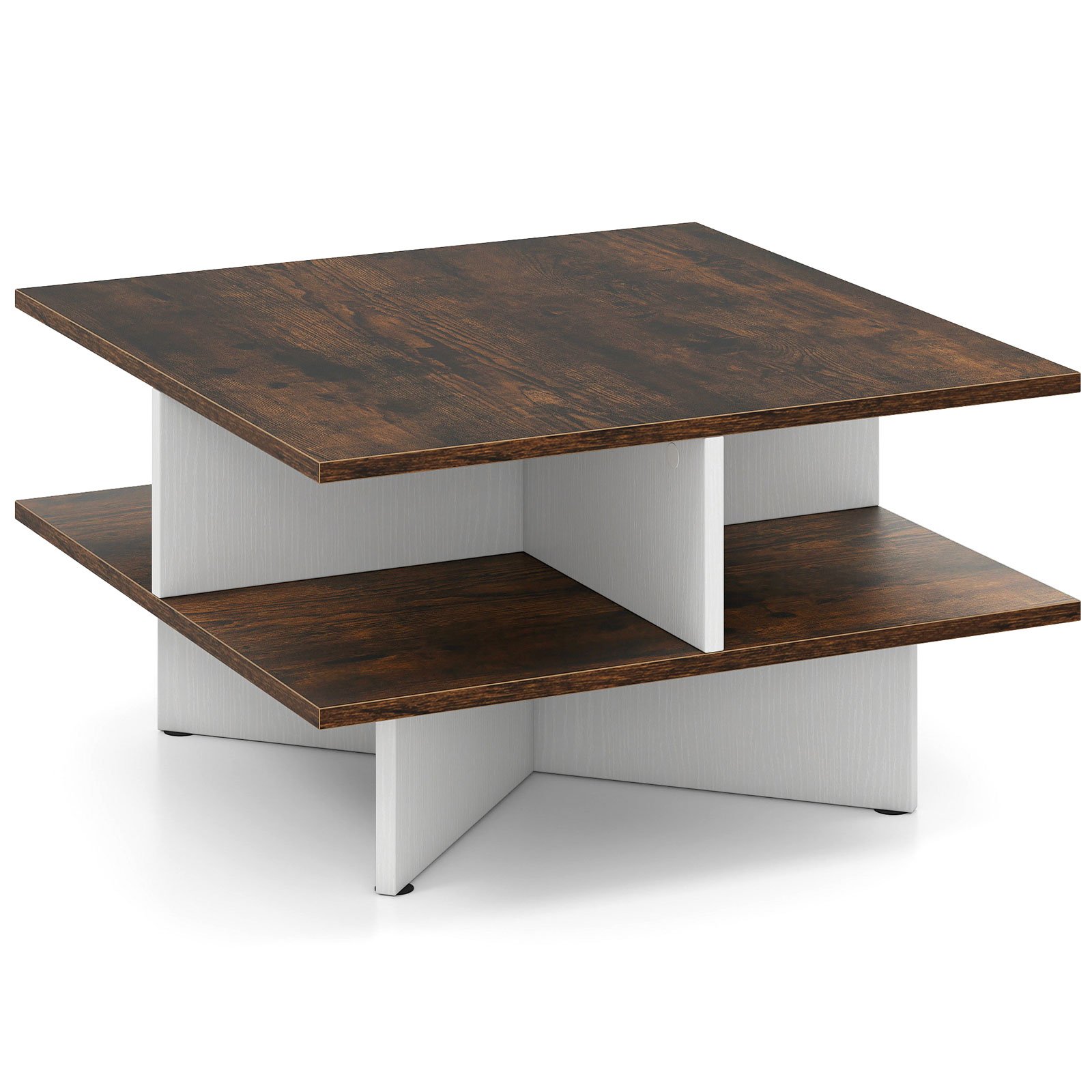 2-Tier Square Coffee Table with 4 Storage Compartments and Cross-shape Base-Coffee - Savings Store