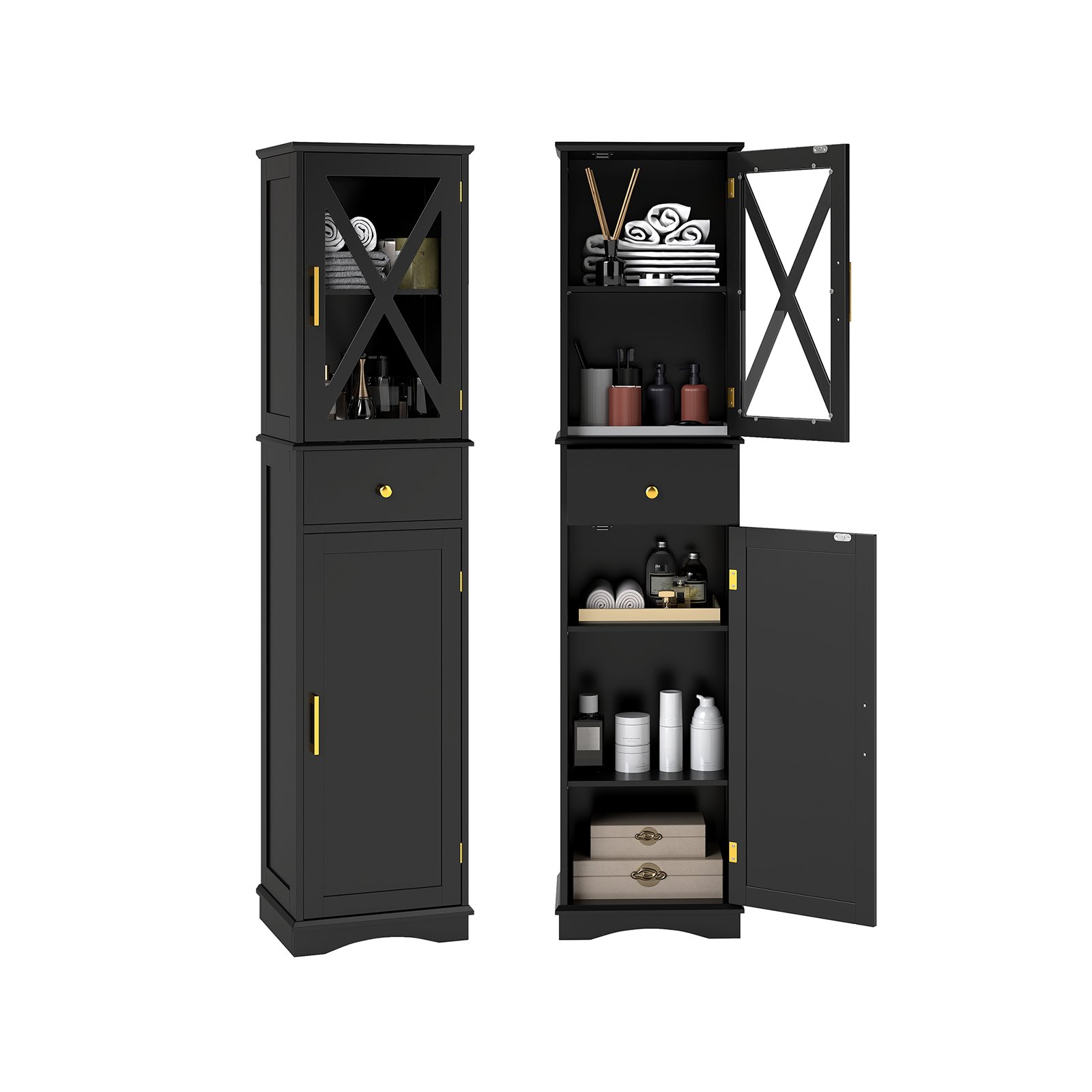 XORIRA Tall Bathroom Cabinet with Drawer 2 Doors and 3 Adjustable Shelves-Black - Savings Store