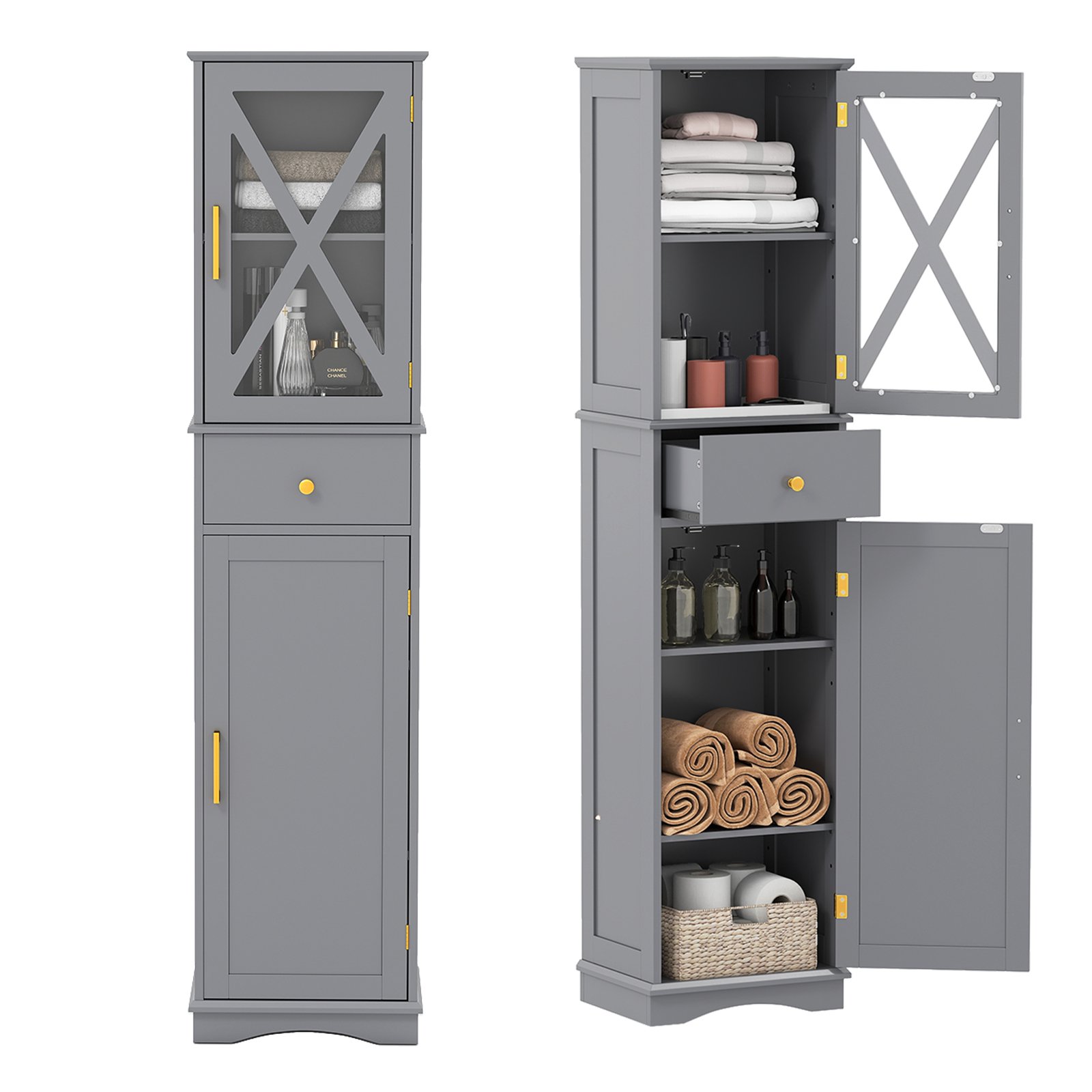 XORIRA Tall Bathroom Cabinet with Drawer 2 Doors and 3 Adjustable Shelves-Grey - Savings Store