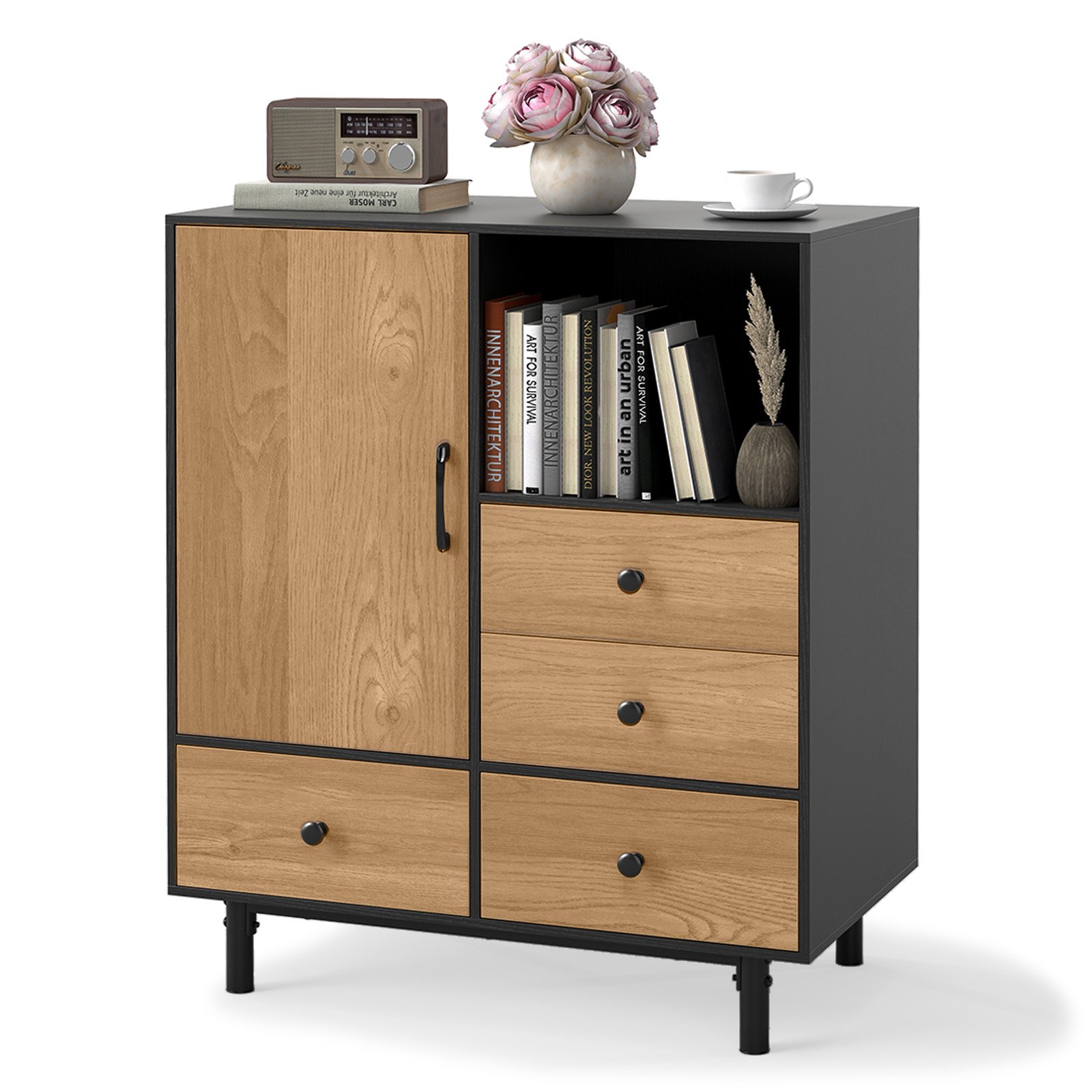 FAIRVELL Buffet Sideboard Mid Century Modern Storage Cabinet with 4 Drawers-Black - Savings Store