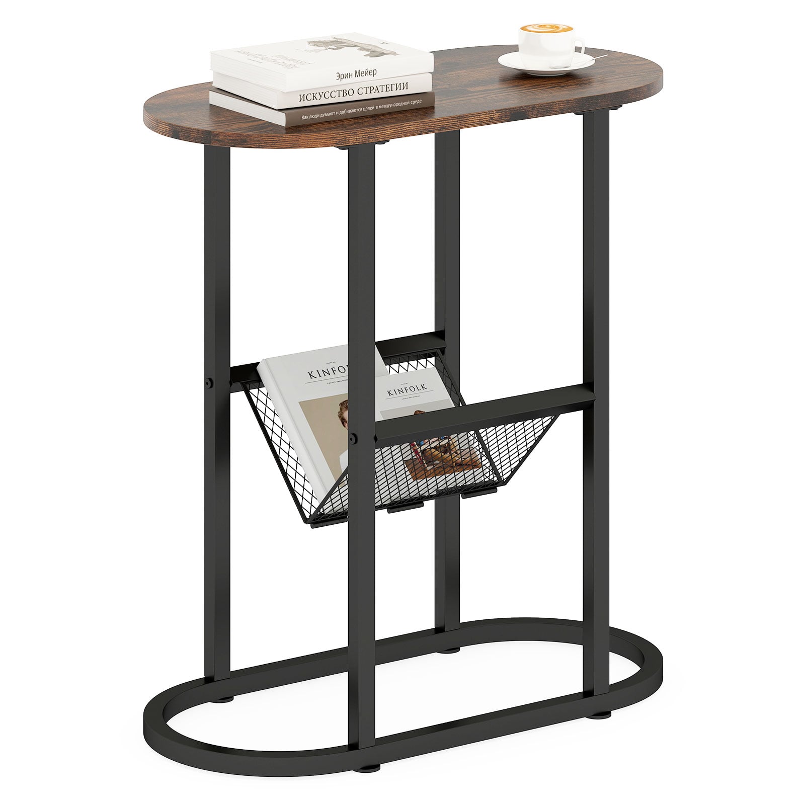 FALLOWEN 2-Tier Narrow Side Table with Magazine Holder for Living Room Bedroom-Rustic Brown - Savings Store