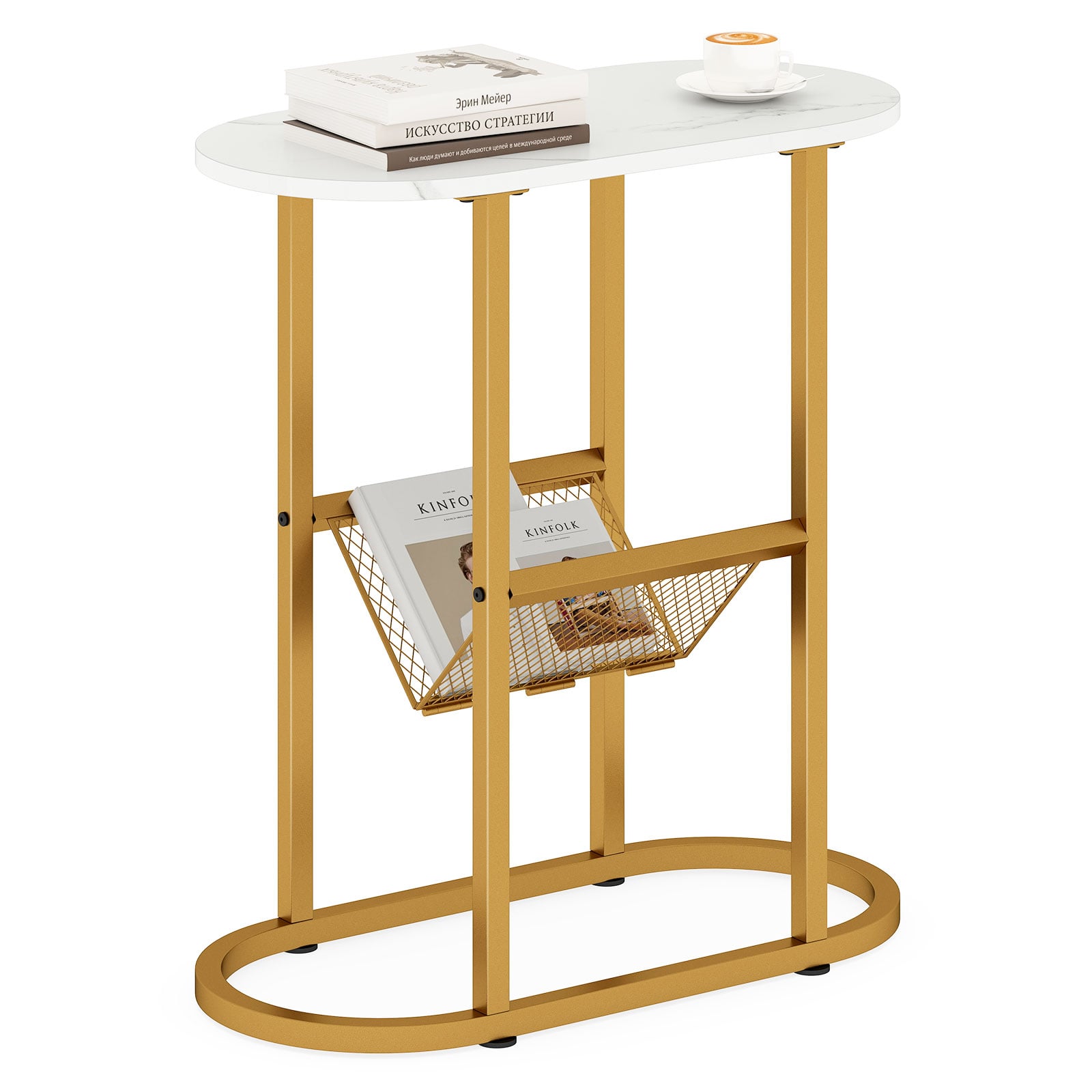 FALLOWEN 2-Tier Narrow Side Table with Magazine Holder for Living Room Bedroom-White - Savings Store