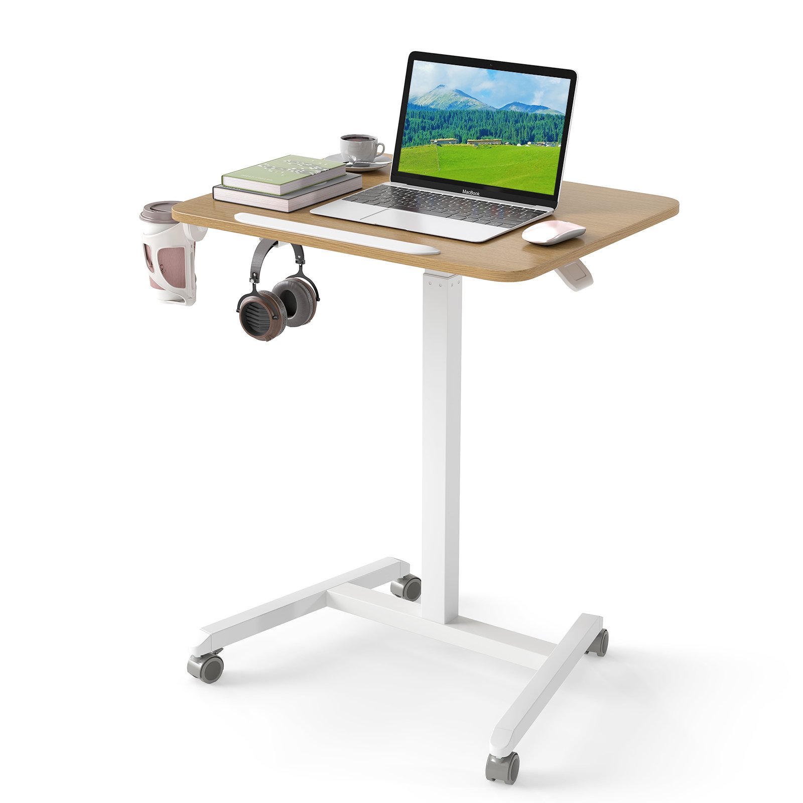 Foldable Mobile Standing Desk Portable Laptop Workstation with Hook and Cup Holder-Natural - Savings Store