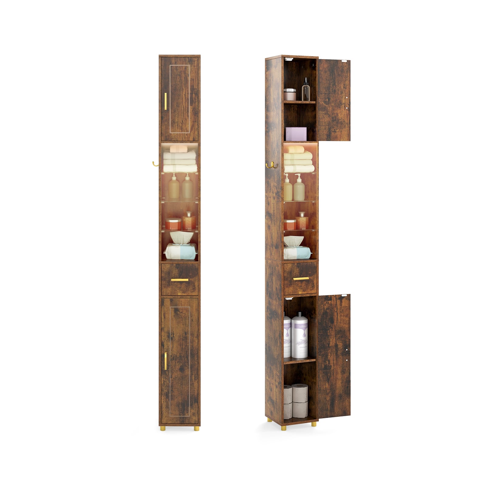 TRENWICKE 180 cm Tall Bathroom Cabinet Narrow Storage Organizer with 3 Doors and Adjustable Shelves-Rustic Brown - Savings Store