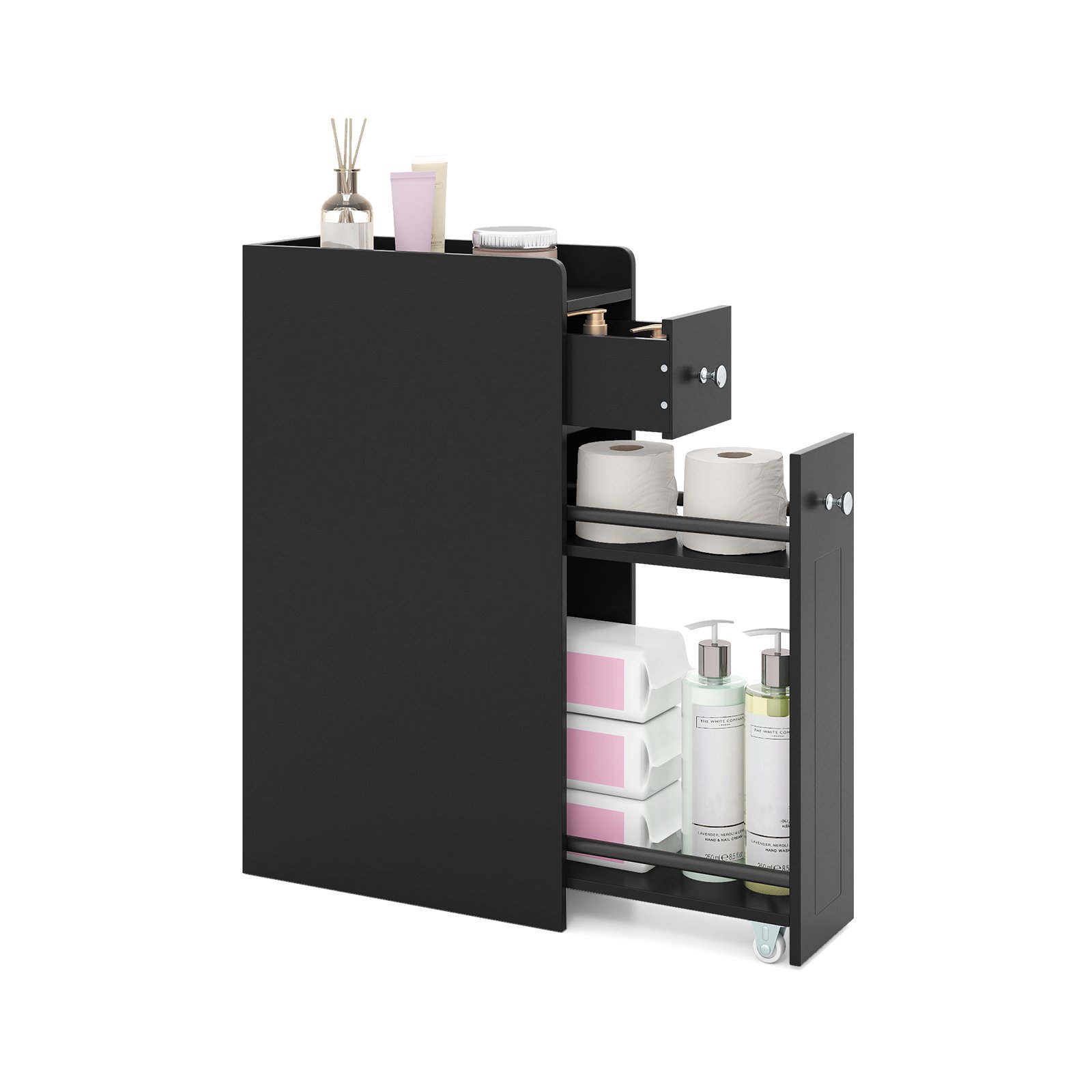 FERLYN Small Bathroom Storage Cabinet 4-Tier Narrow Toilet Side Storage Cabinet with Slide Out Drawers on Casters-Black - Savings Store