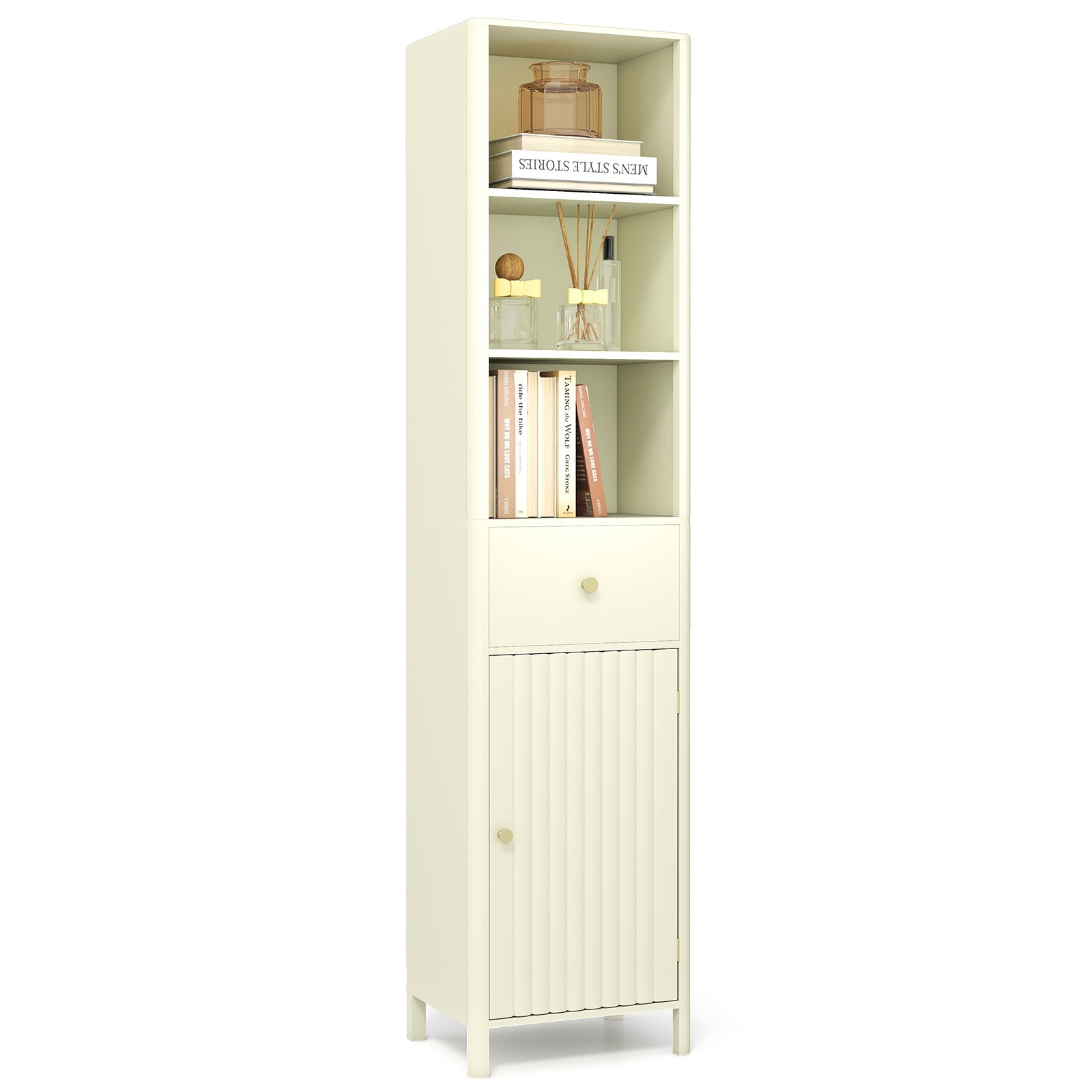 170cm Tall Bathroom Cabinet with Fluted Door and 1 Drawer 3 Open Shelves-Beige - Savings Store