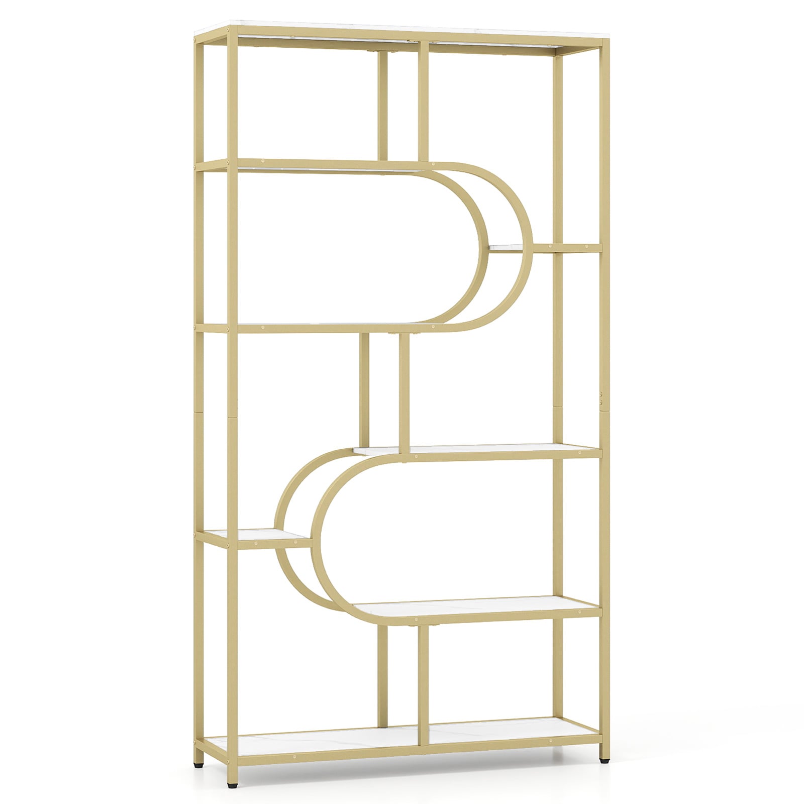 LENIX Industrial Bookcase with Open Shelves & Metal Frame-White & Gold - Savings Store