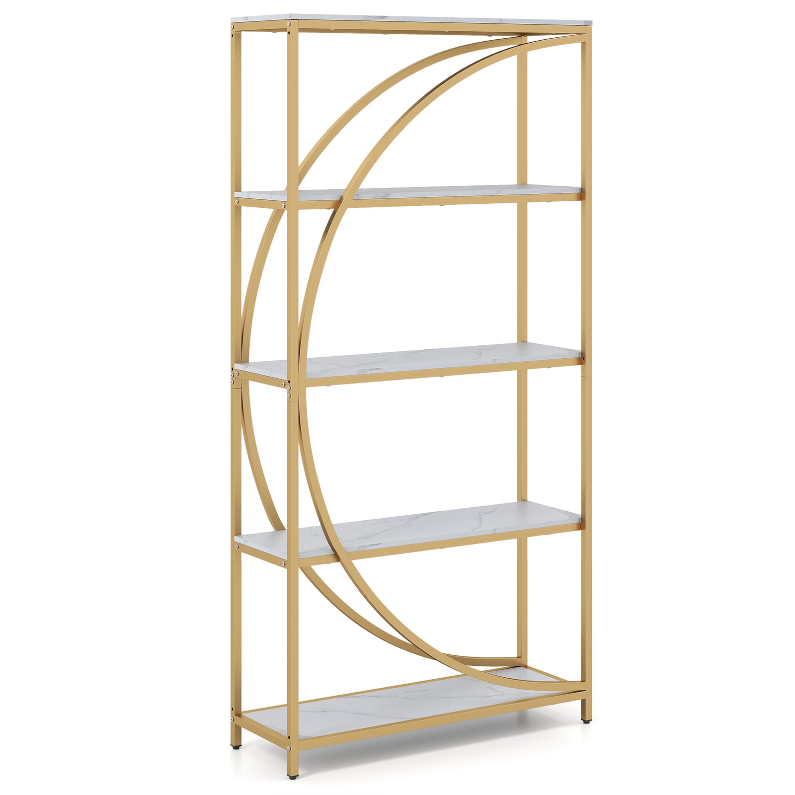 FROSDEN 5-Tier Industrial Etagere Bookshelf with Open Storage Shelves and Arc-Shaped Design-White - Savings Store