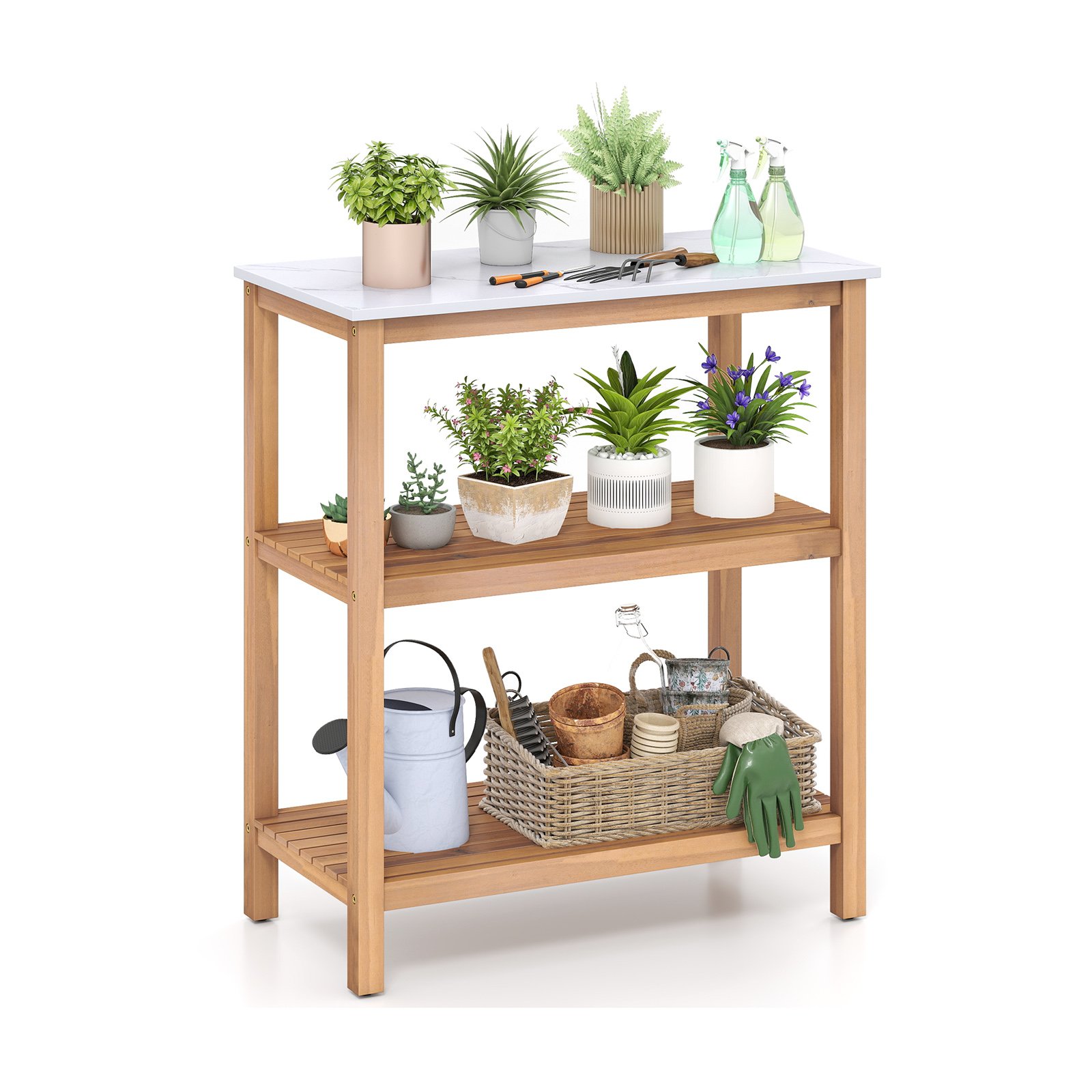 Patio Garden Potting Bench Table 3-Tier Acacia Wood Planting Workstation - Savings Store