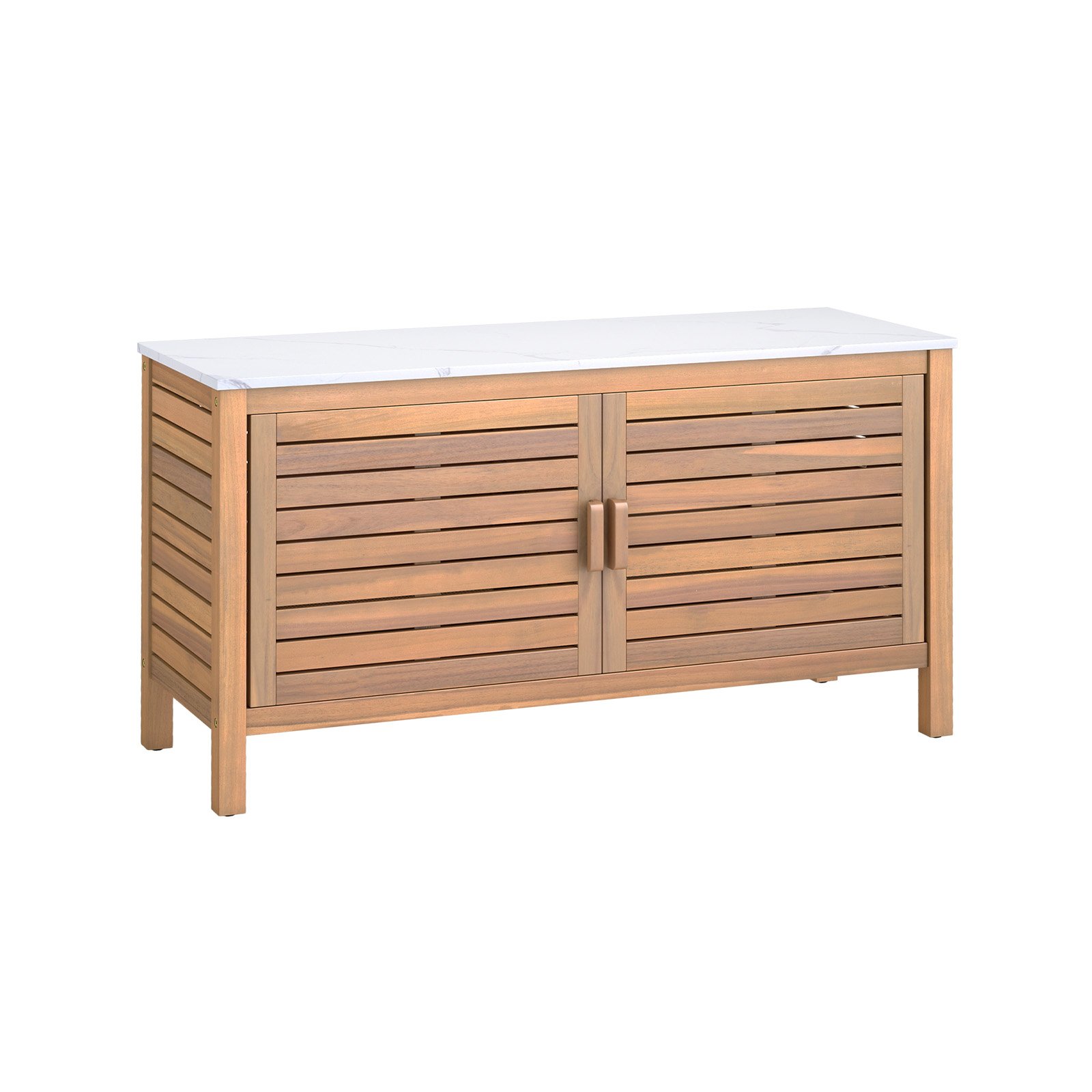 Patio Storage Cabinet 2-Door Acacia Wood Storage Container with Faux Marble Top - Savings Store