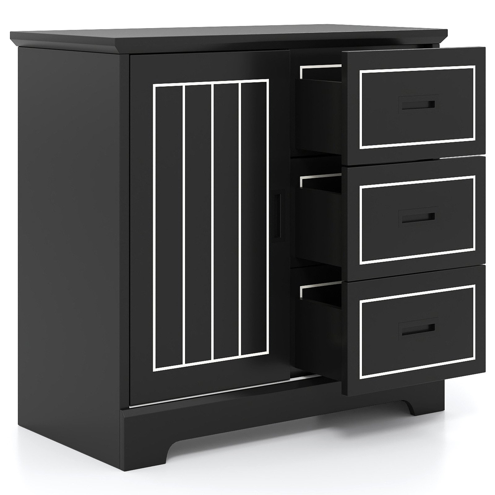 GRELLON Farmhouse Sideboard Buffet Cabinet with Sliding Doors and 3 Drawers-Black - Savings Store
