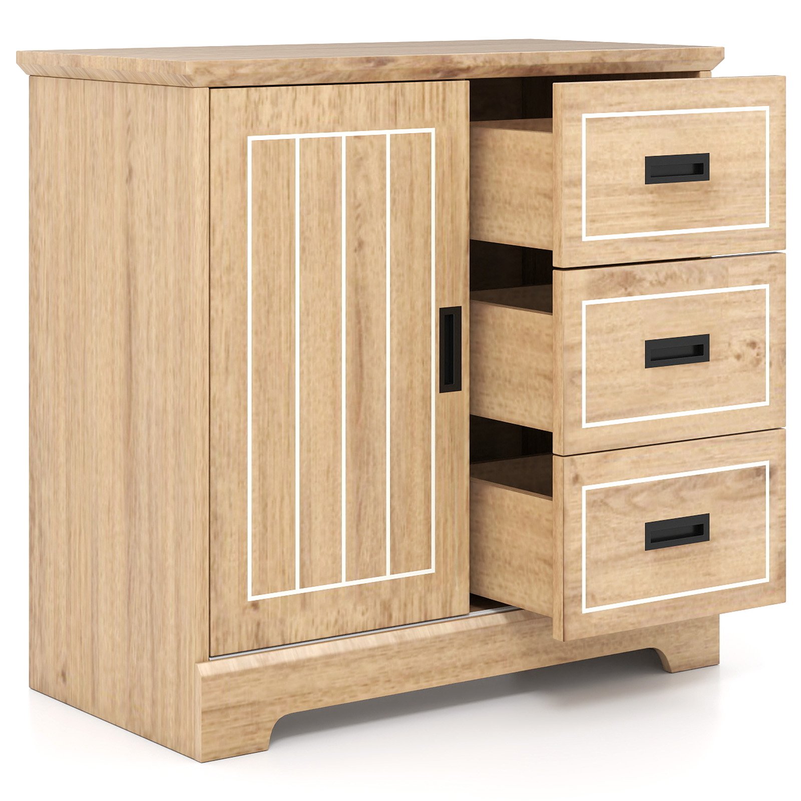 GRELLON Farmhouse Sideboard Buffet Cabinet with Sliding Doors and 3 Drawers-Natural - Savings Store