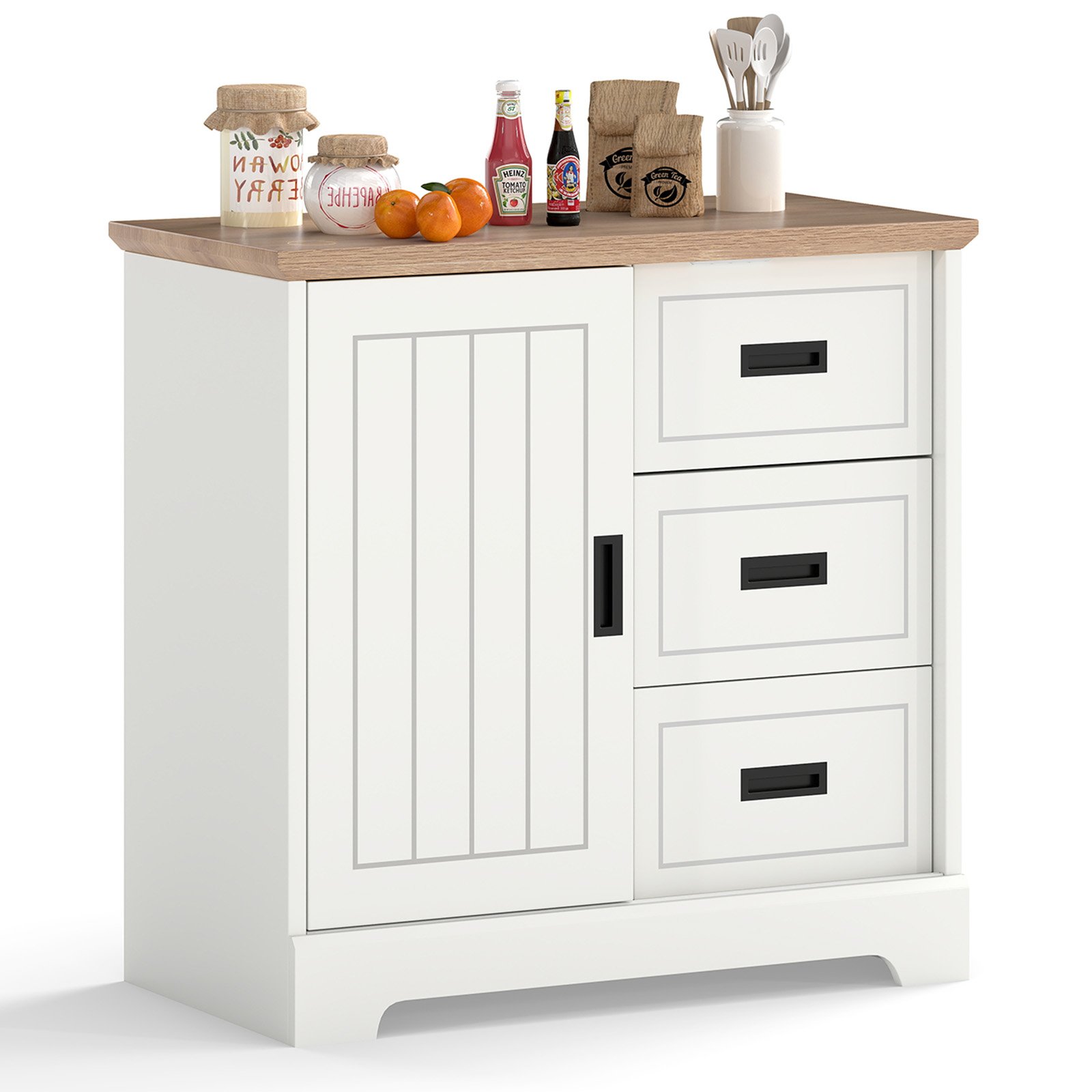 GRELLON Farmhouse Sideboard Buffet Cabinet with Sliding Doors and 3 Drawers-White - Savings Store