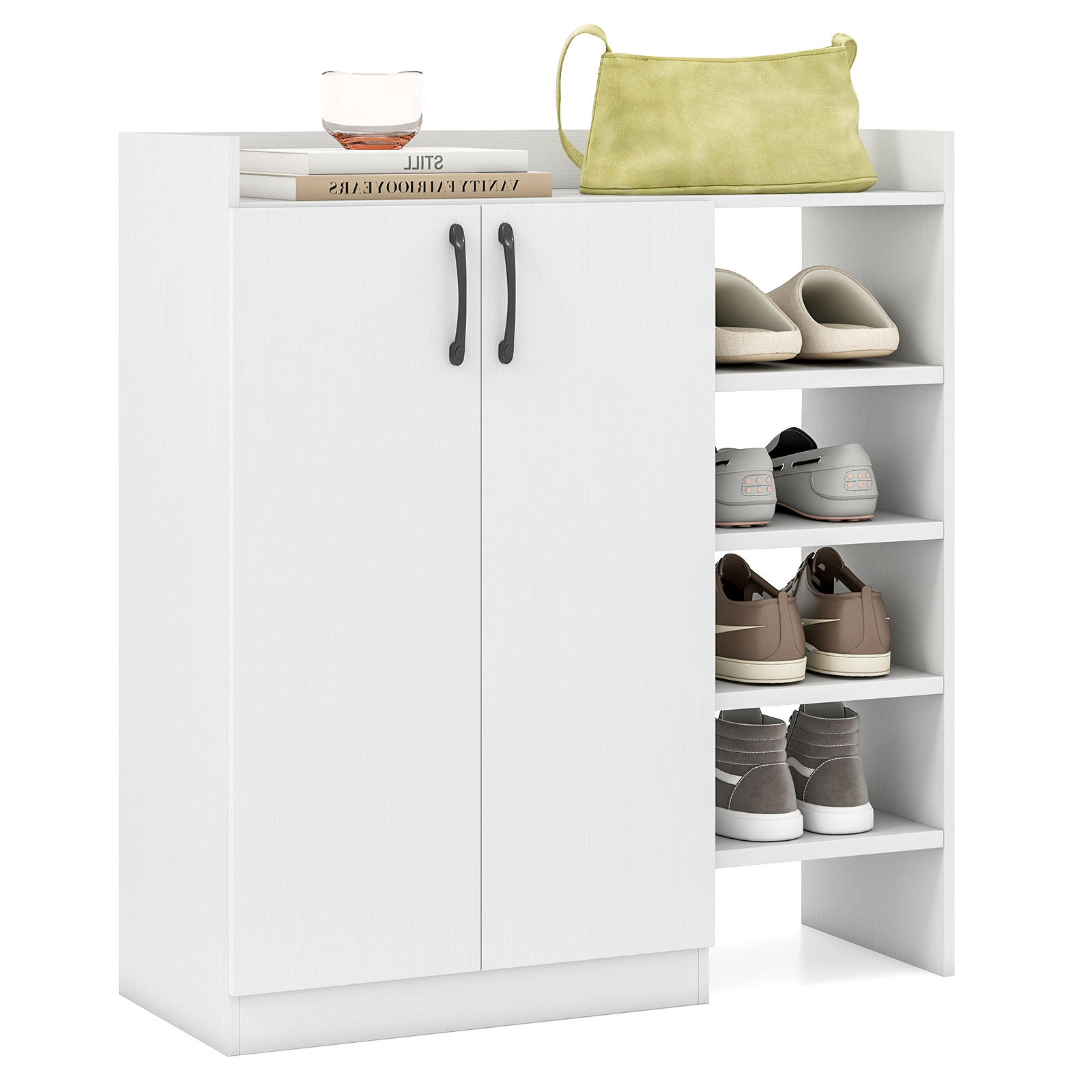 UWANA Shoe Storage Organizer Cabinet with Adjustable Inner Shelves and Open Shelves - White - Savings Store