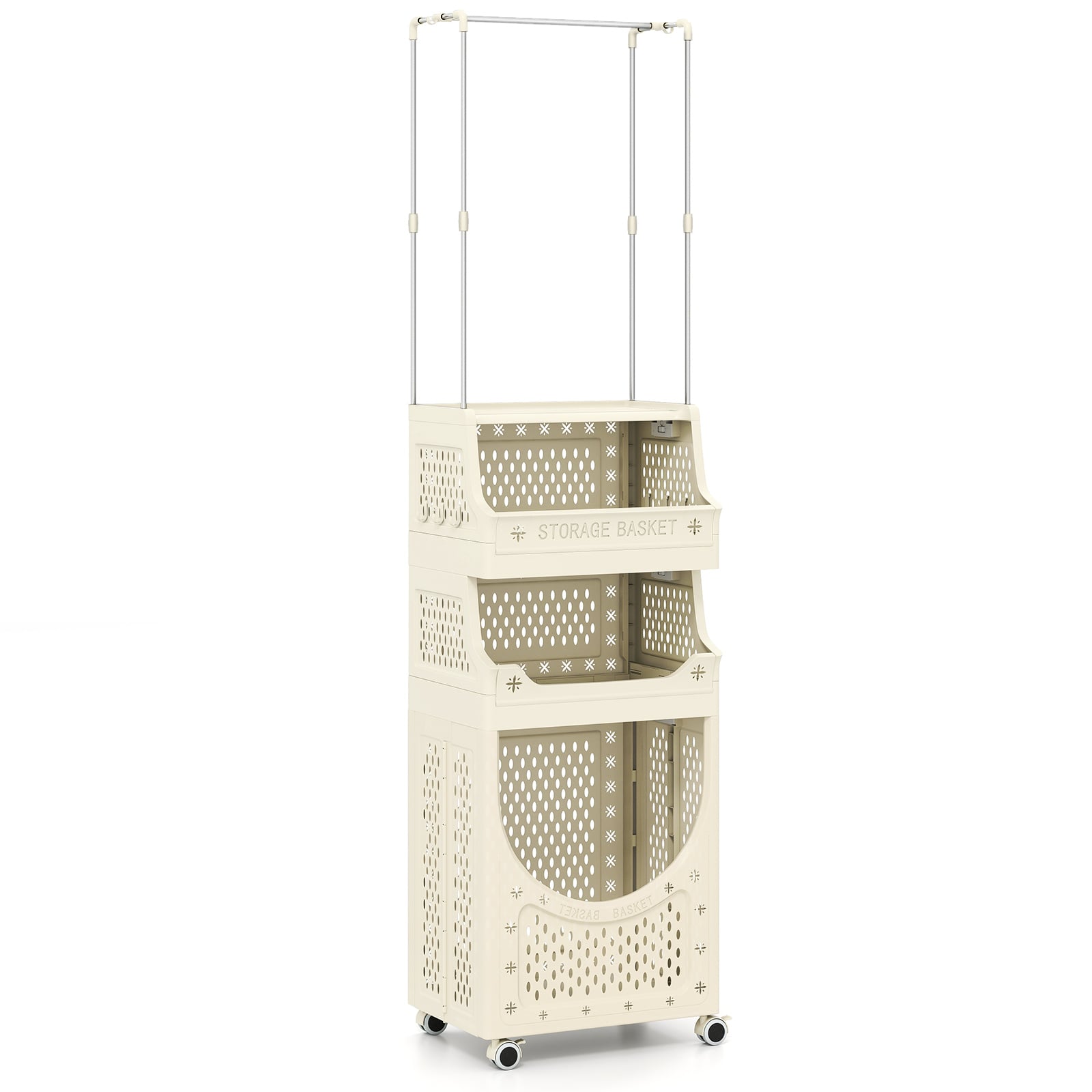 QAVIX 2-in-1 3/4-Tier Laundry Cart with Hanging Bar and Lockable Wheels-4-Tier-Beige - Savings Store