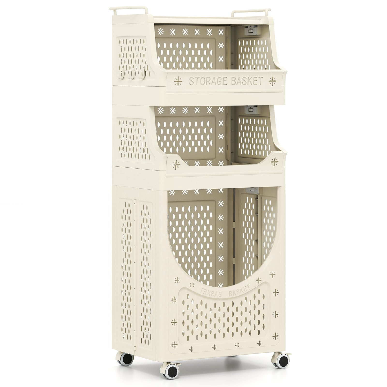 QUVEN 3/4-Tier Laundry Cart with Large Hamper and Lockable Wheels-Beige-4-Tier