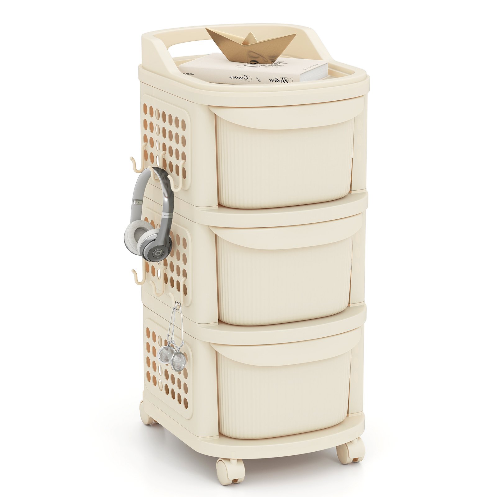 3-Drawer Rolling Plastic Utility Cart with 6 Hooks and Pegboard-White - Savings Store