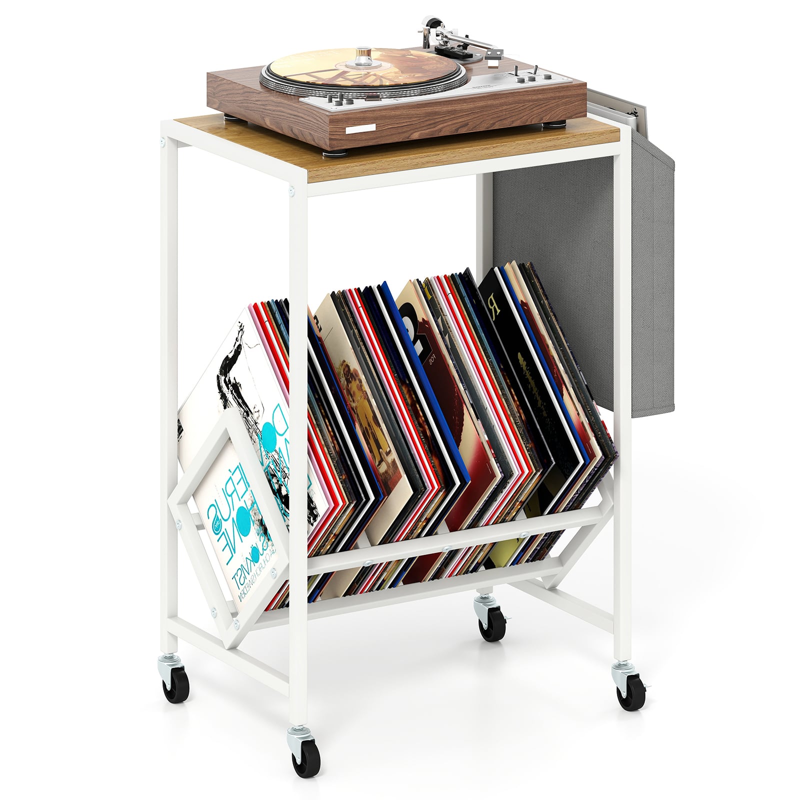 RELIX Rolling Record Player Stand with Vinyl Storage and Magazine Holder-Natural - Savings Store