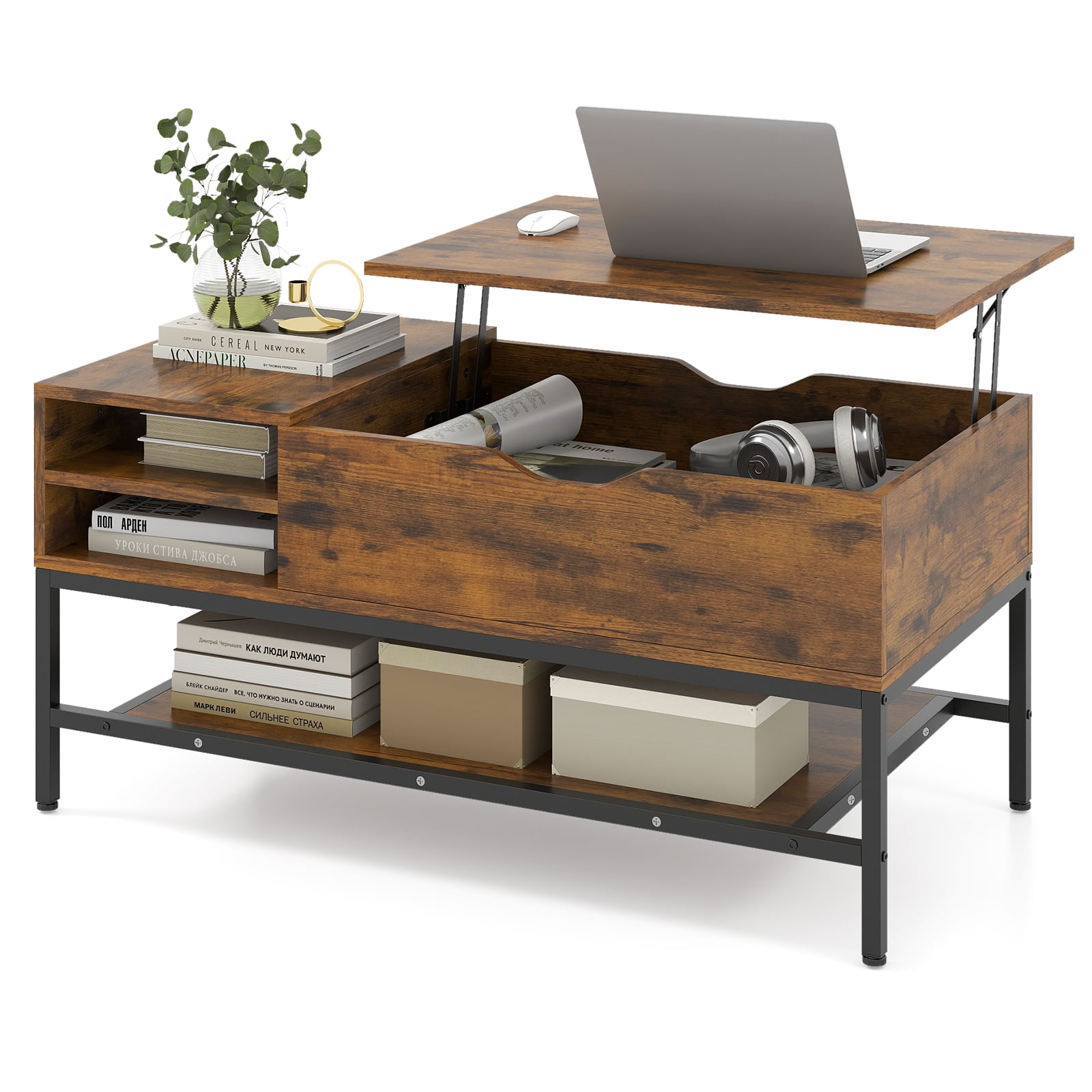 CALIX Lift Top Coffee Table with Hidden Compartment and Storage Shelf-Rustic Brown - Savings Store
