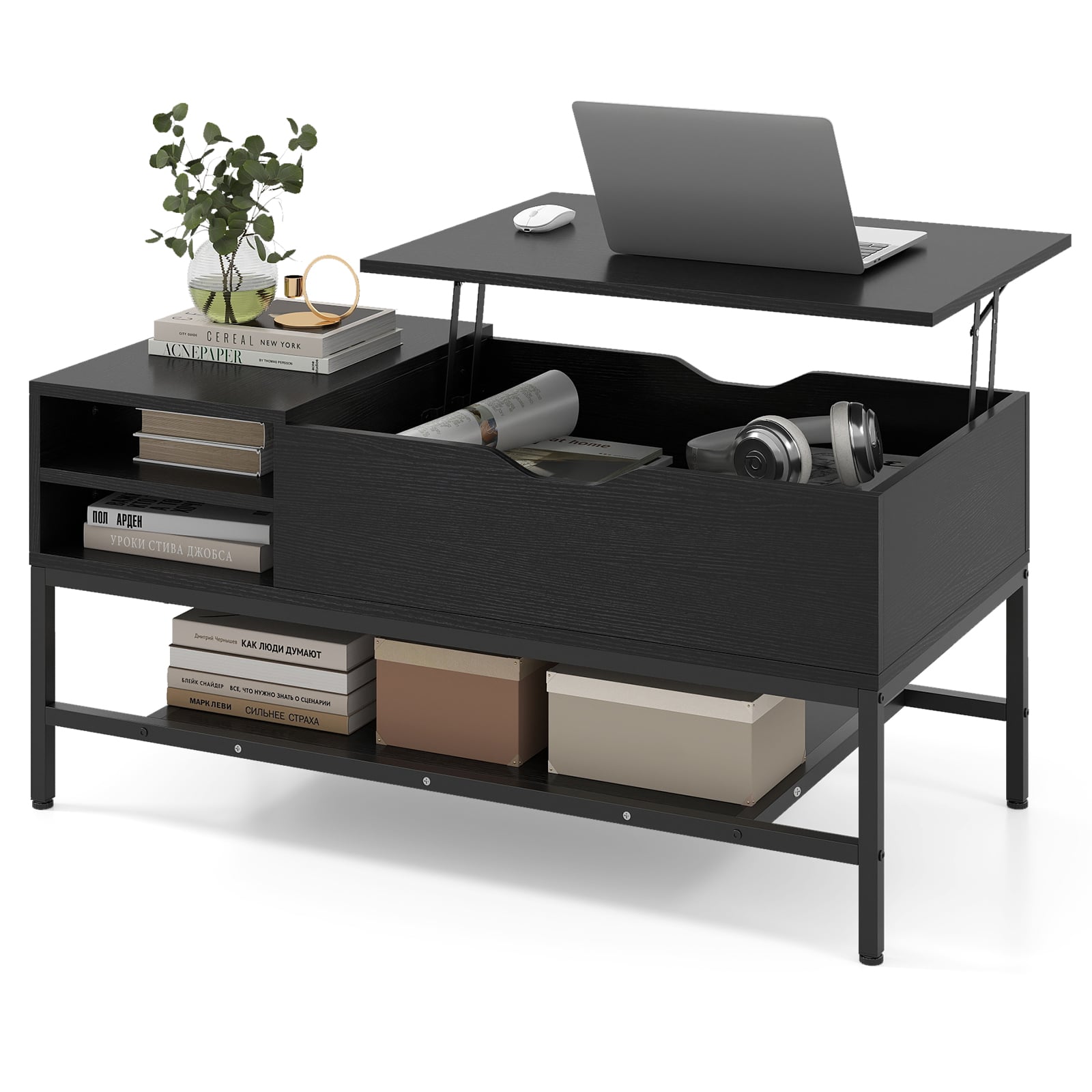 CALIX Lift Top Coffee Table with Hidden Compartment and Storage Shelf-Black - Savings Store