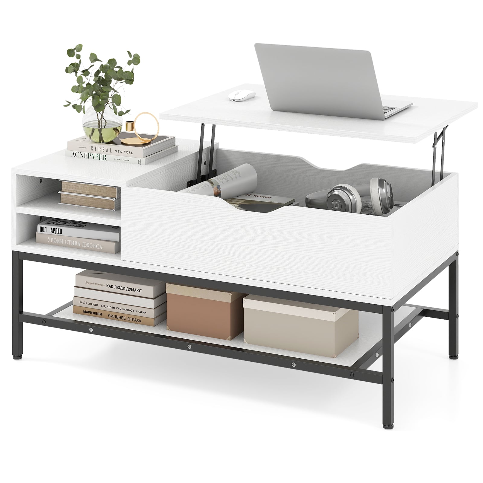 CALIX Lift Top Coffee Table with Hidden Compartment and Storage Shelf-White - Savings Store