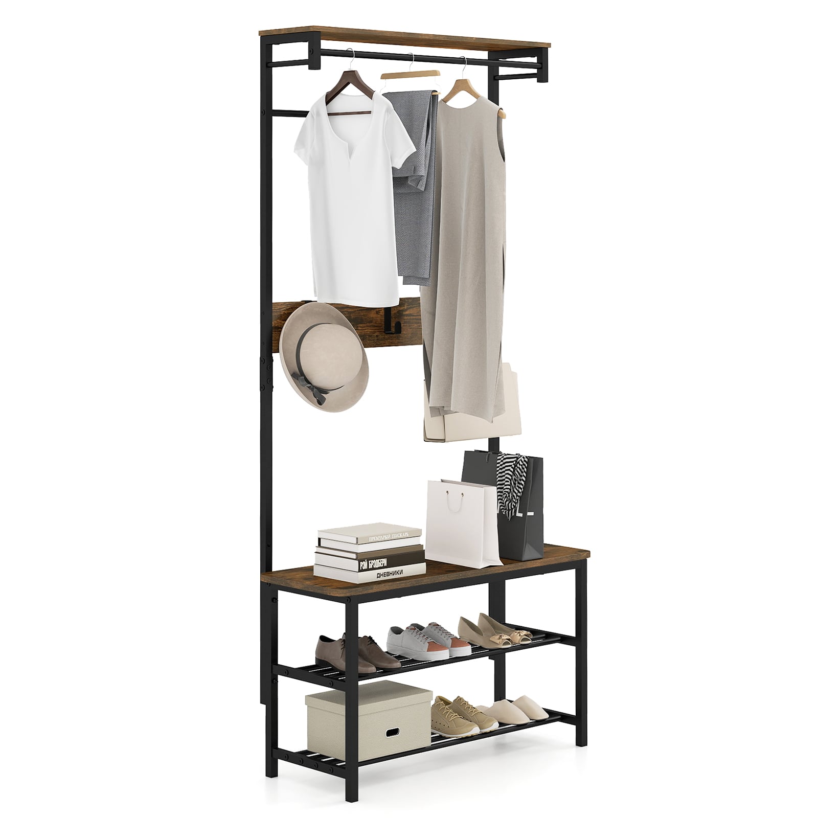 Hall Tree with Bench and Shoe Storage with Hanging Bars-Rustic Brown - Savings Store