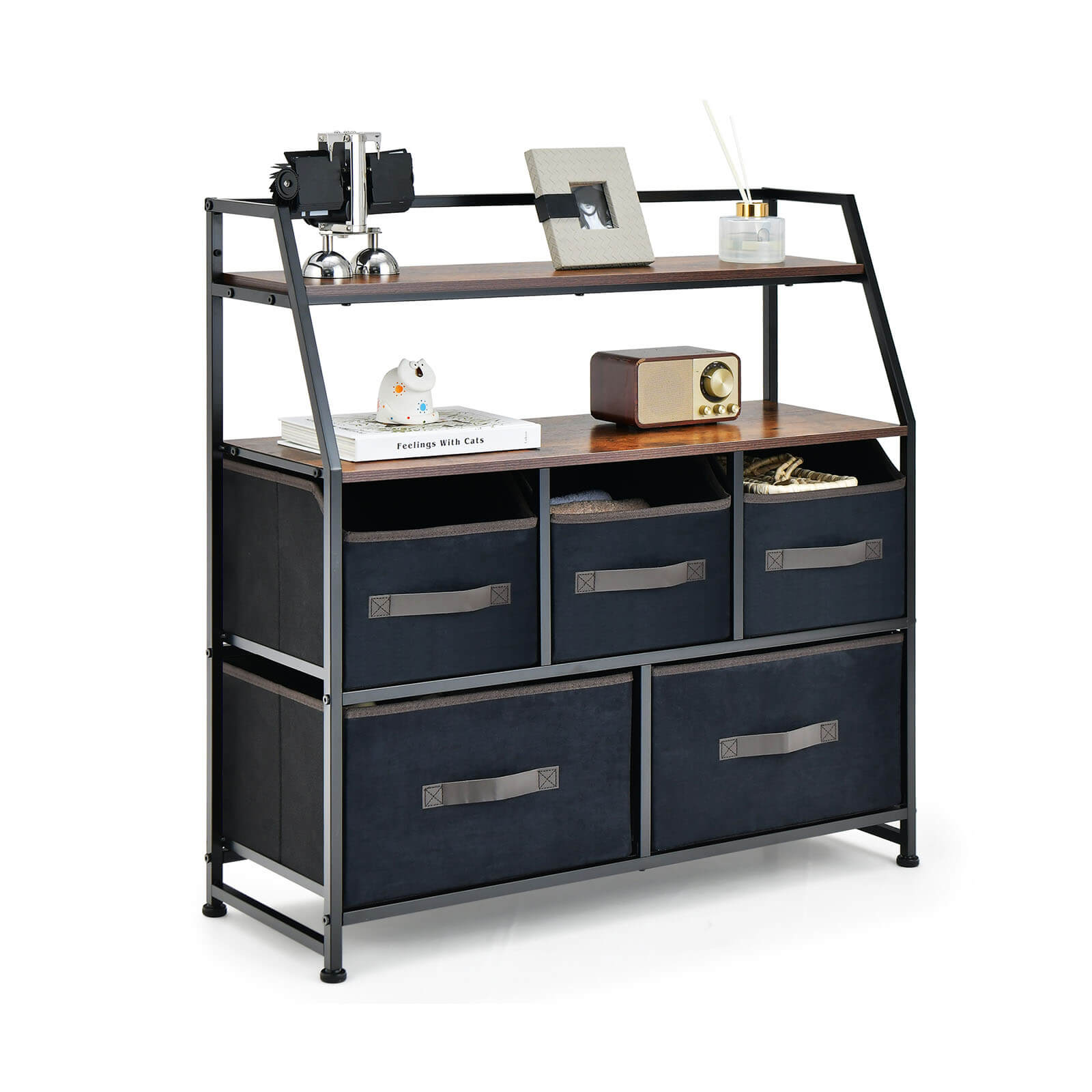 5 Drawers Dresser with Metal Frame and Anti-Toppling Devices-Brown - Savings Store